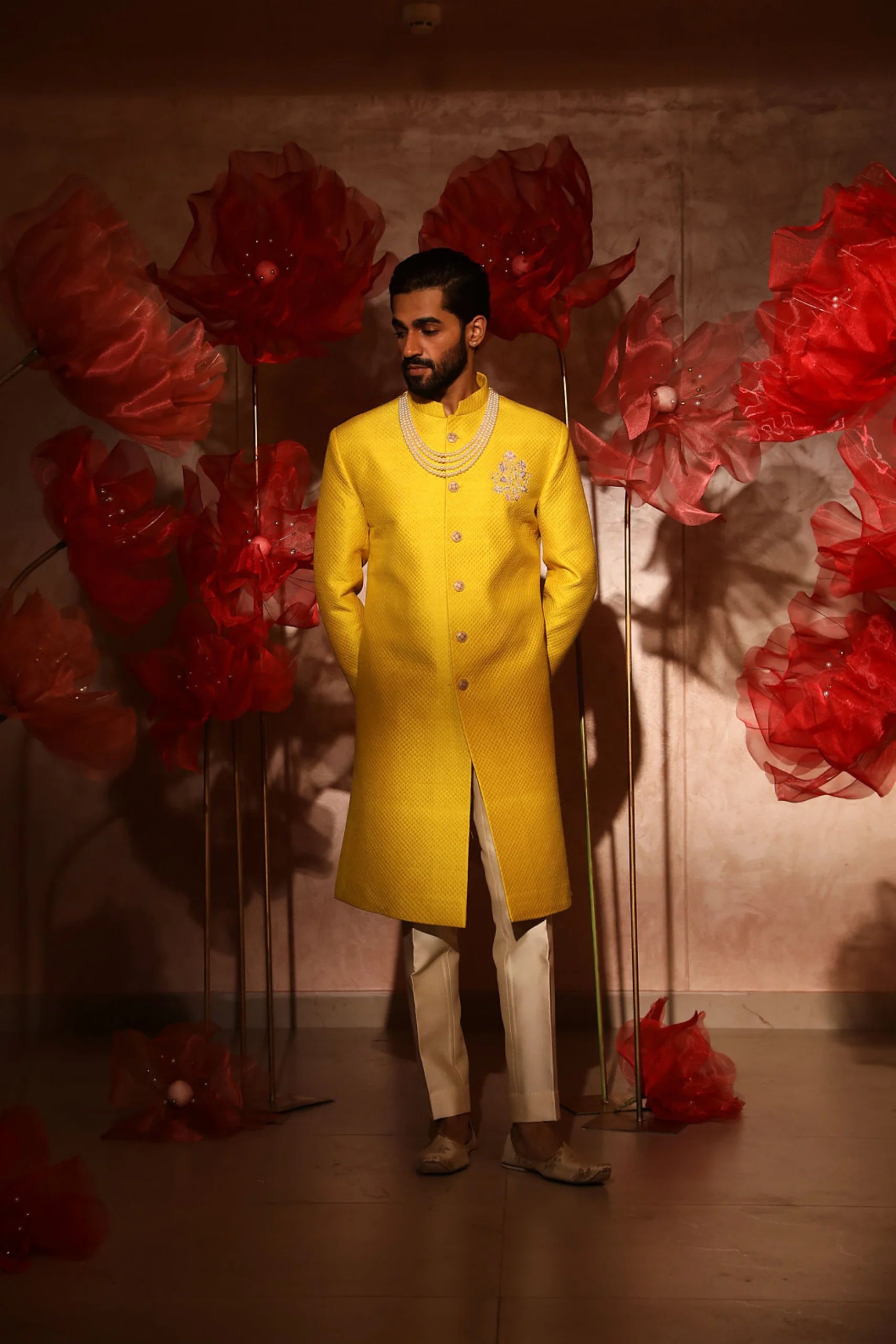 Yellow Quiltted Sherwani Set