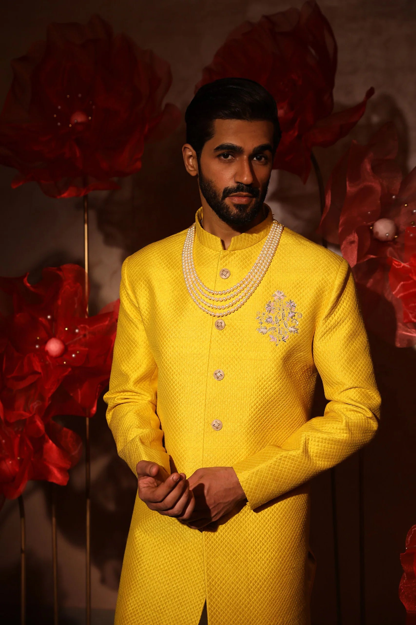 Yellow Quiltted Sherwani Set