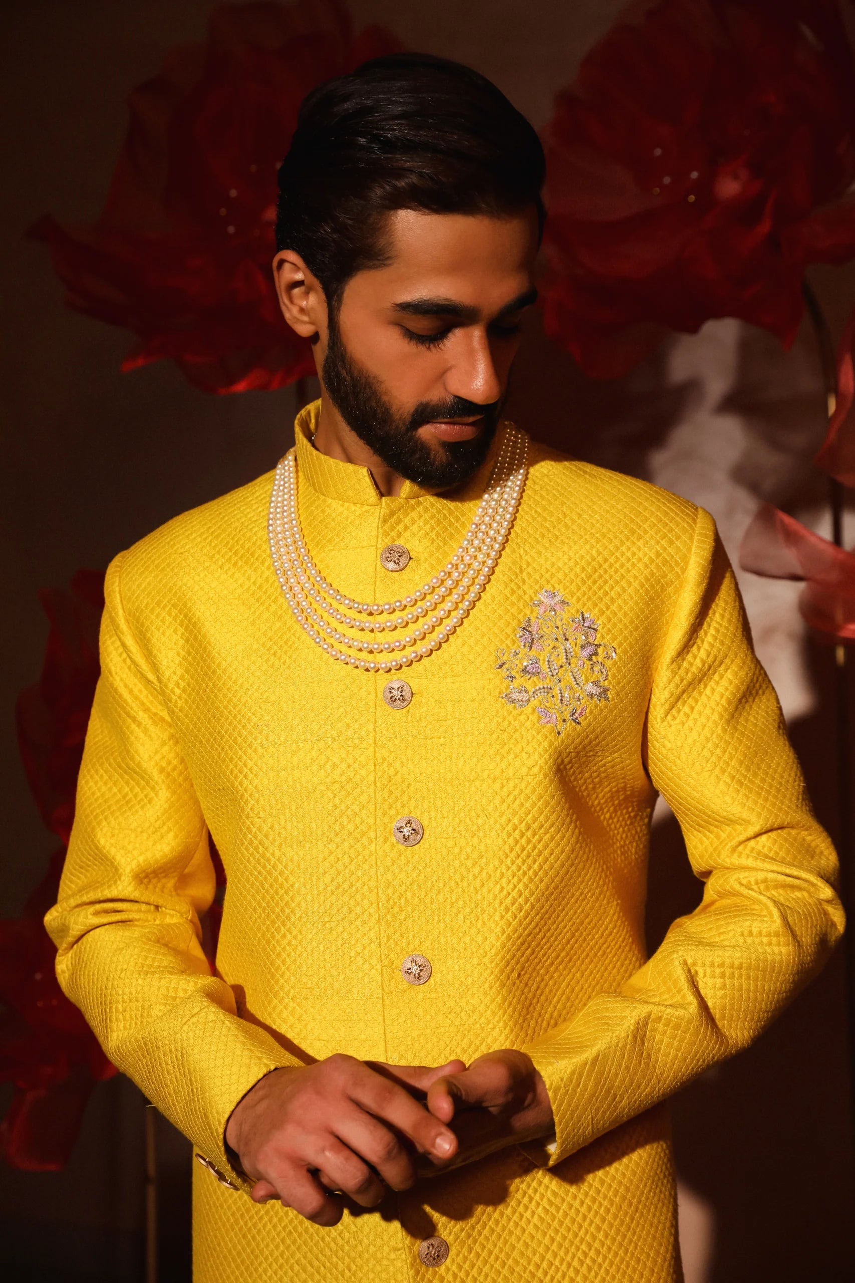 Yellow Quiltted Sherwani Set