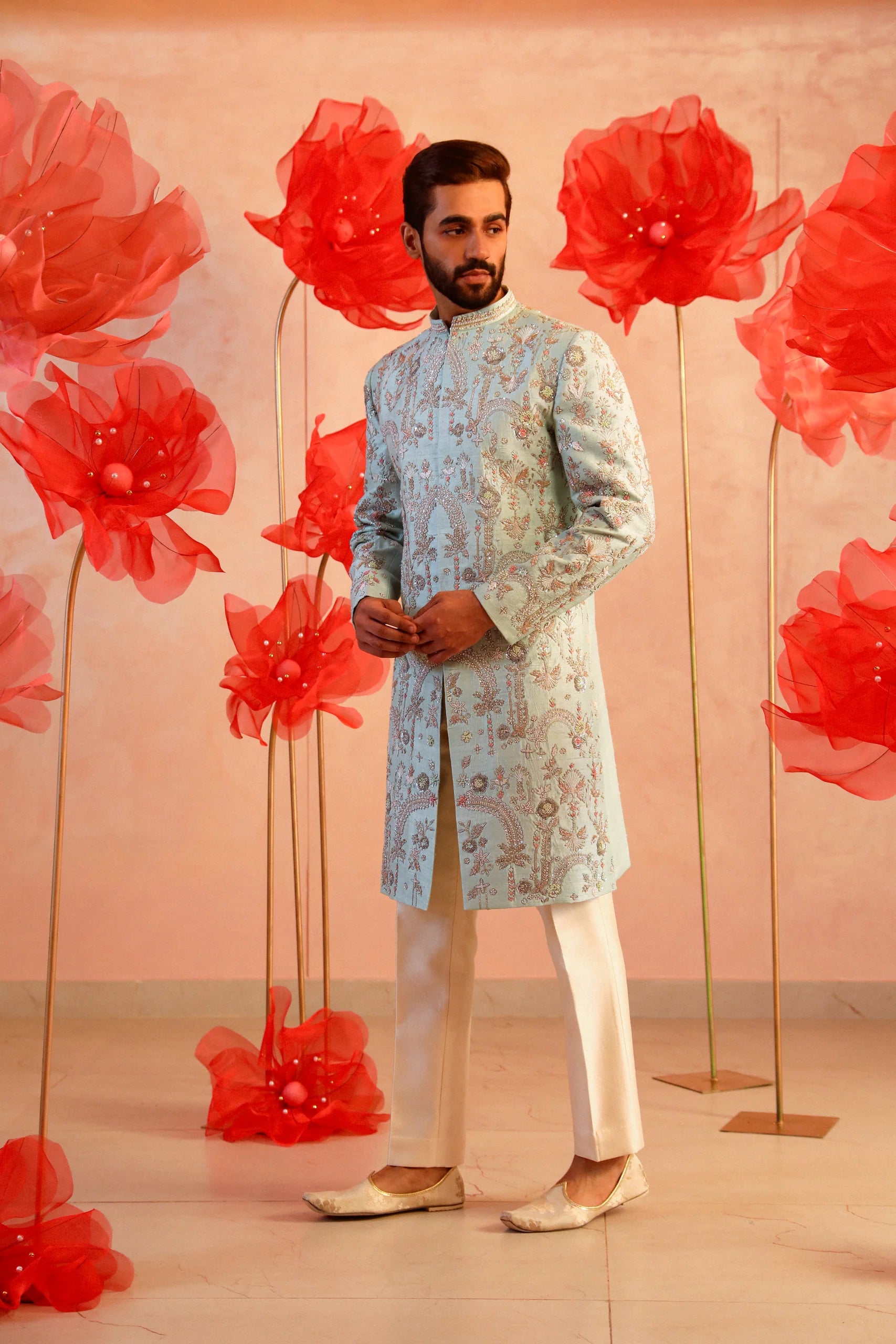 Mesmerising Ice Blue Embroidered Sherwani