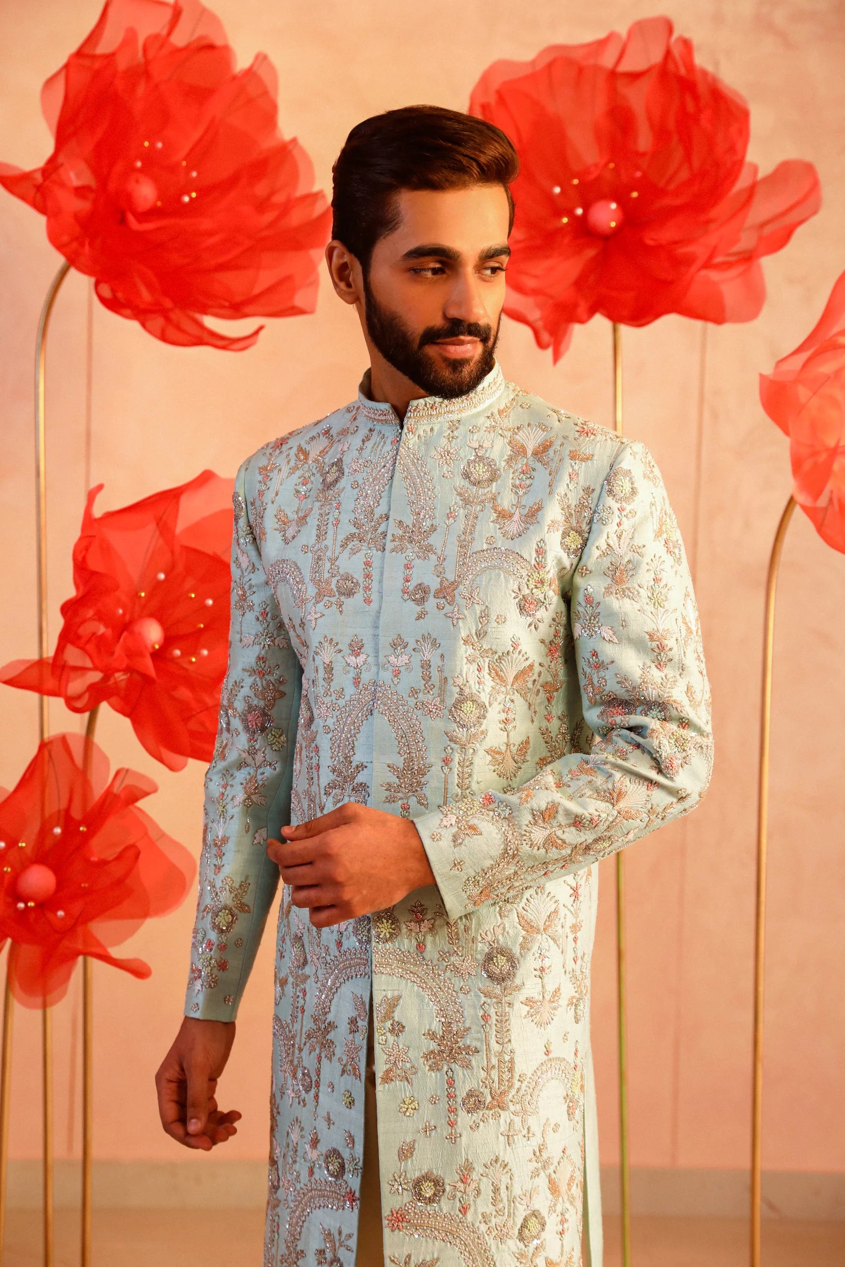 Mesmerising Ice Blue Embroidered Sherwani