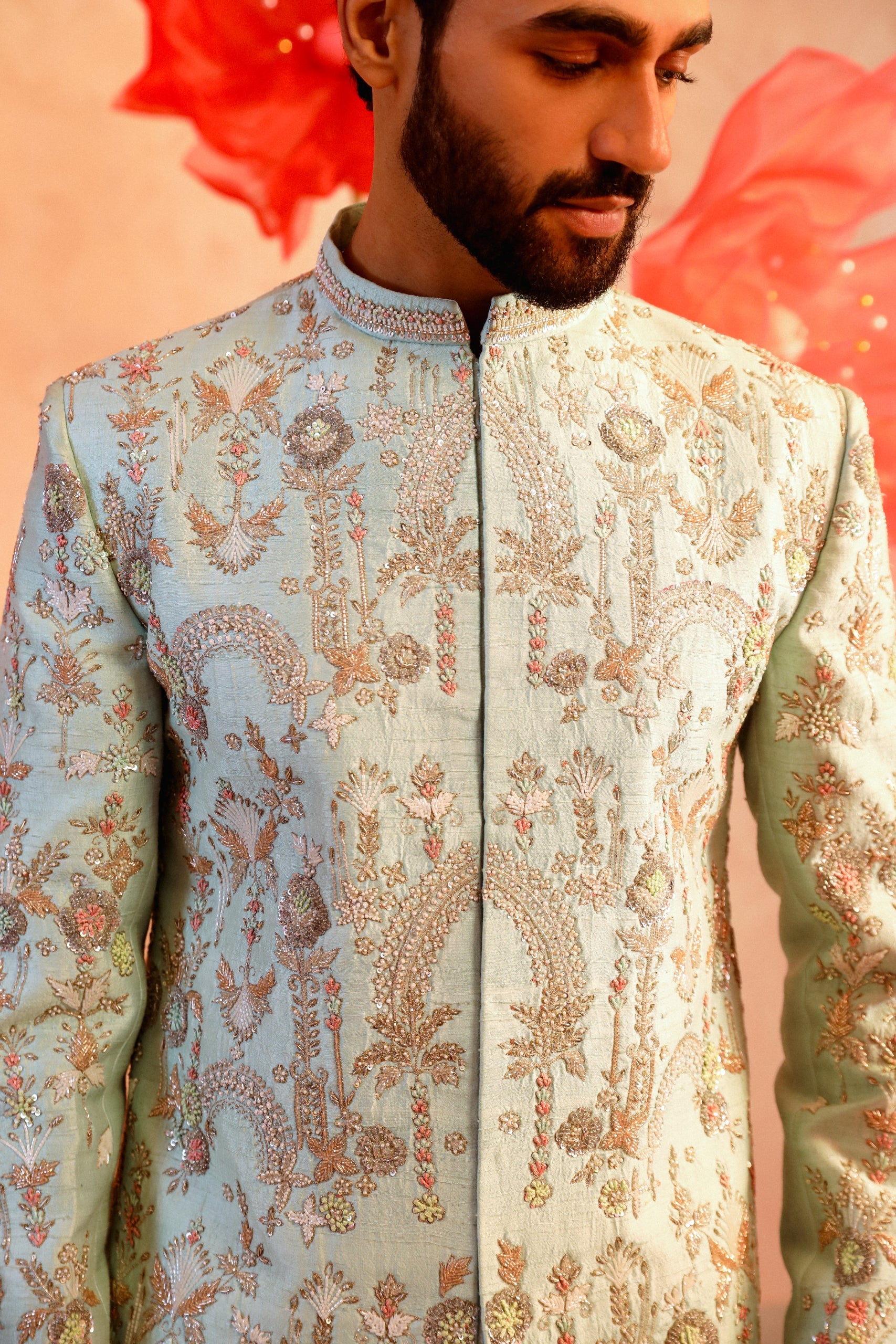 Mesmerising Ice Blue Embroidered Sherwani