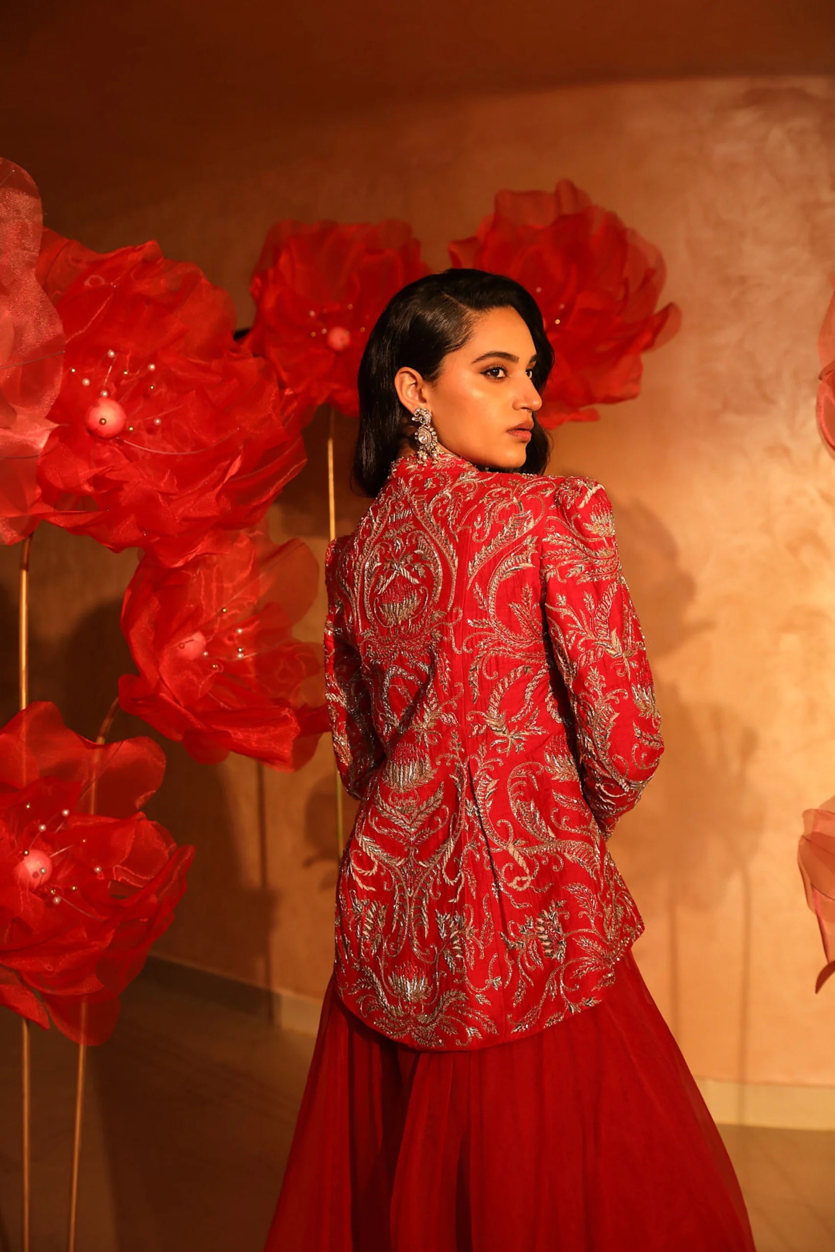 Radiant Red Plazzo Set With Embroidered Jacket