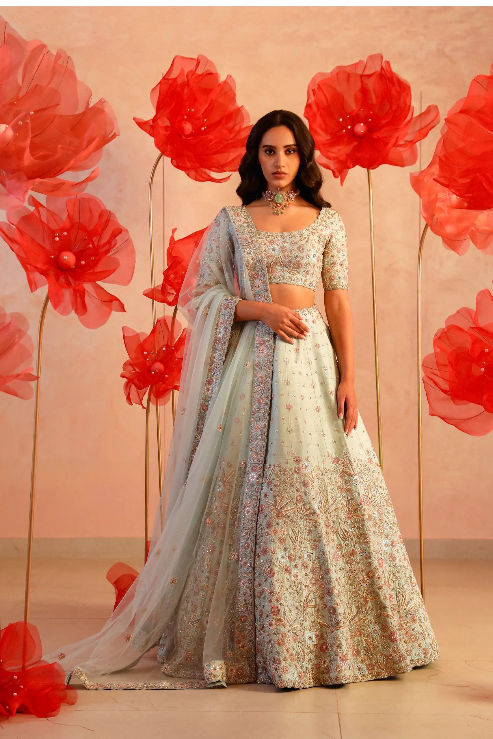Red and blue bridal lehenga best sale