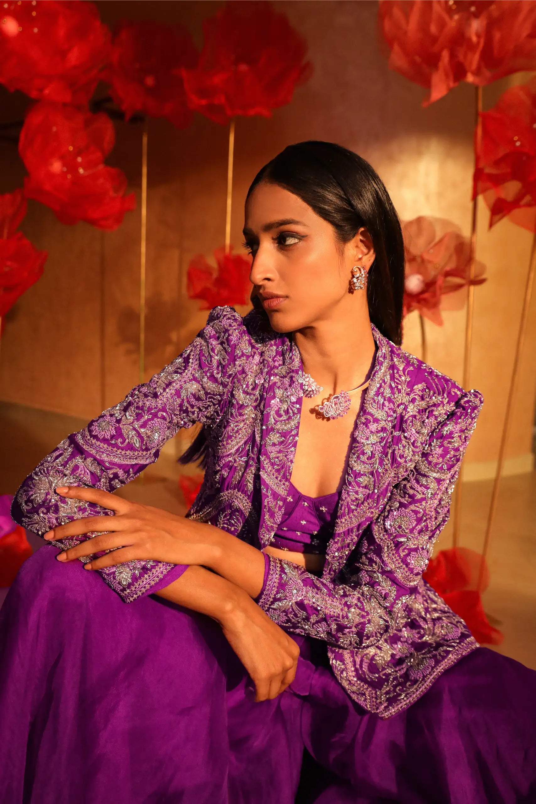 Premium Purple Plazzo Set With Embroidered Jacket