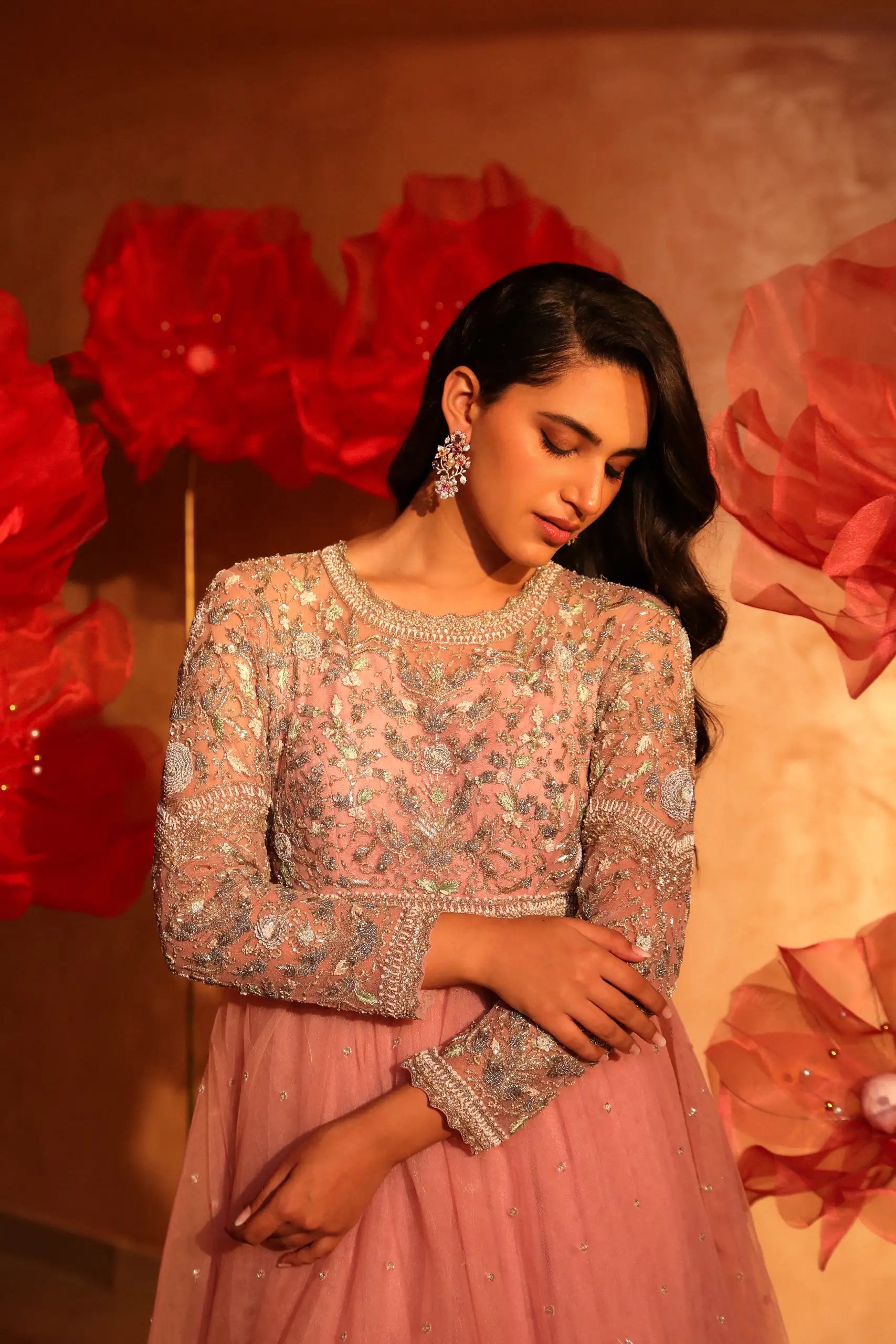 Ornate Onion Pink Embroidered Net Gown