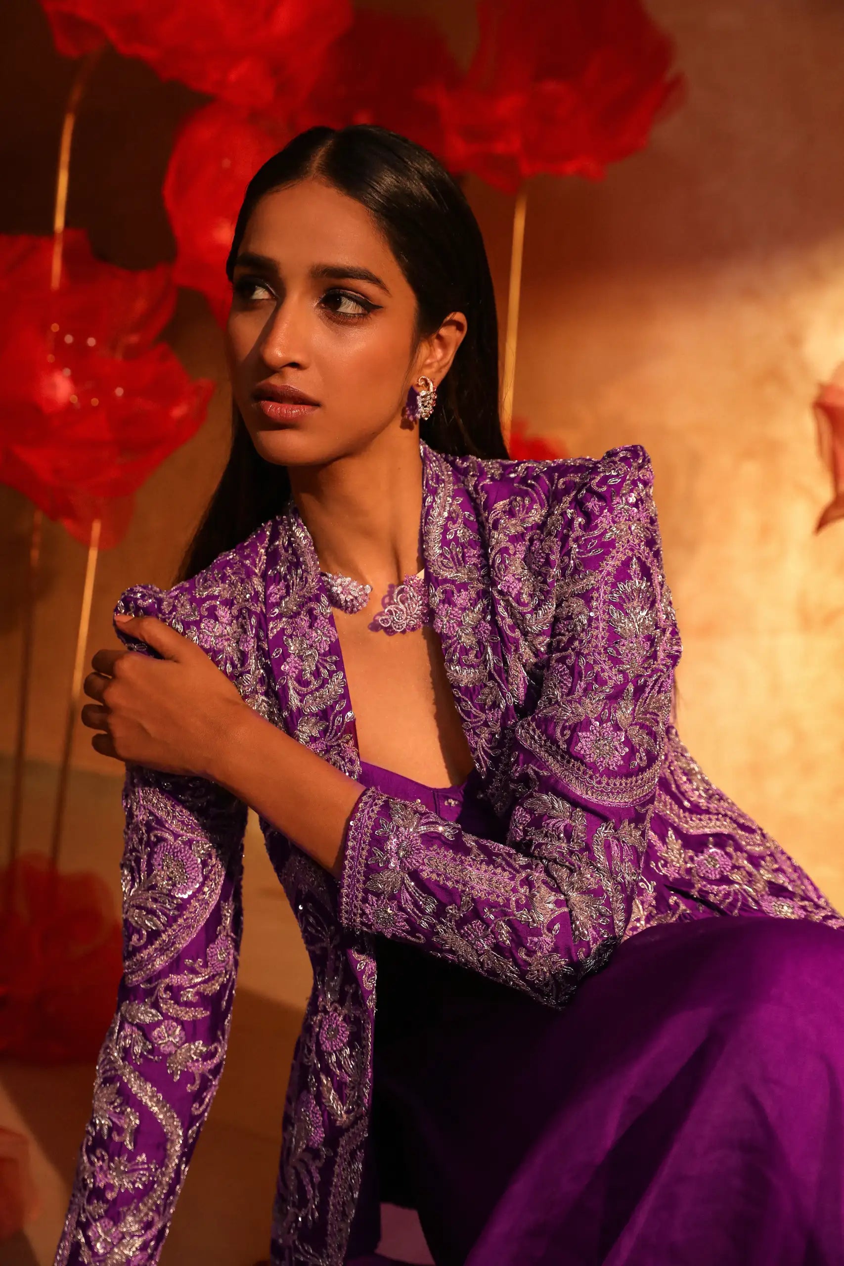 Premium Purple Plazzo Set With Embroidered Jacket