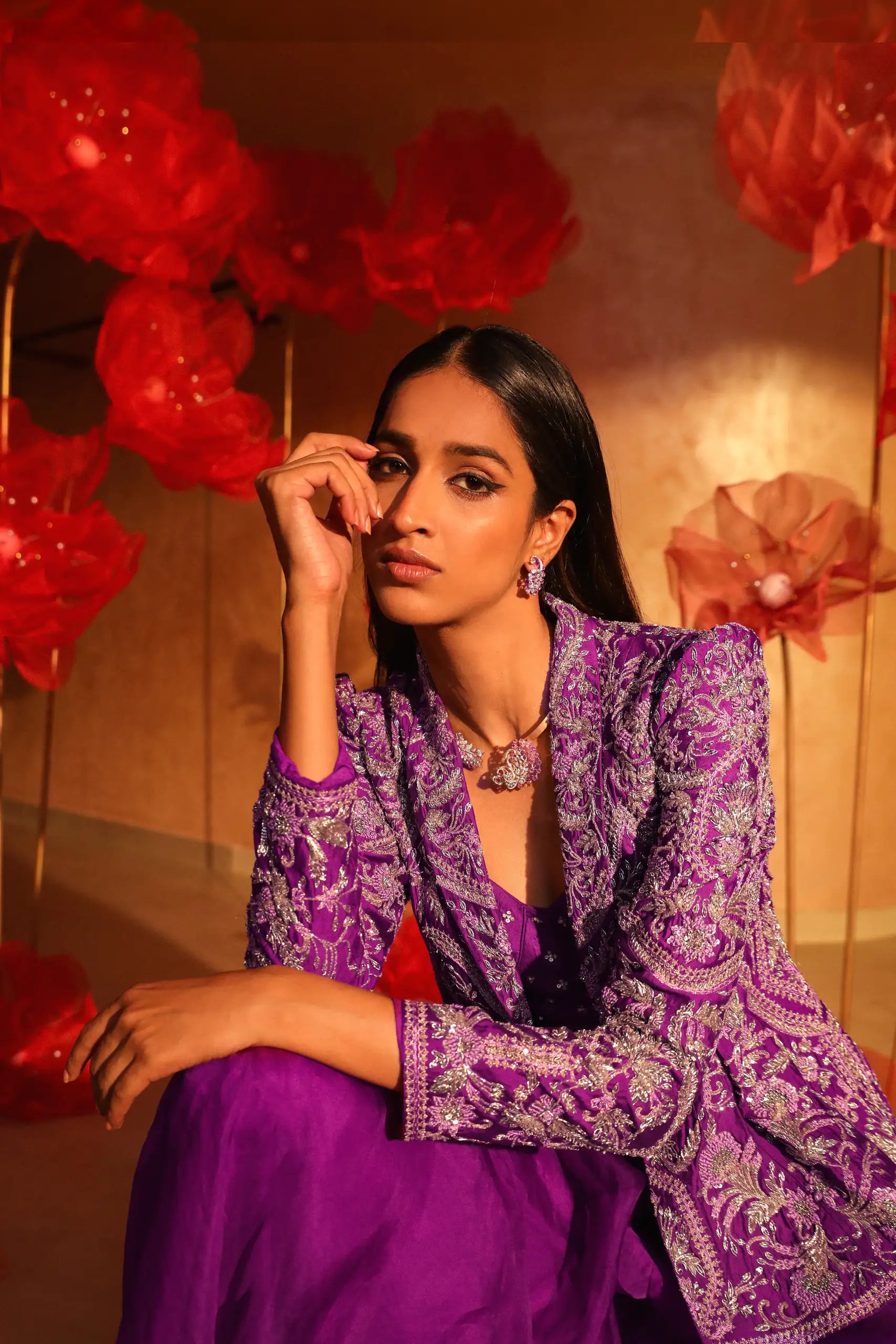 Amethyst Premium Purple Palazzo Set With embroidered Jacket