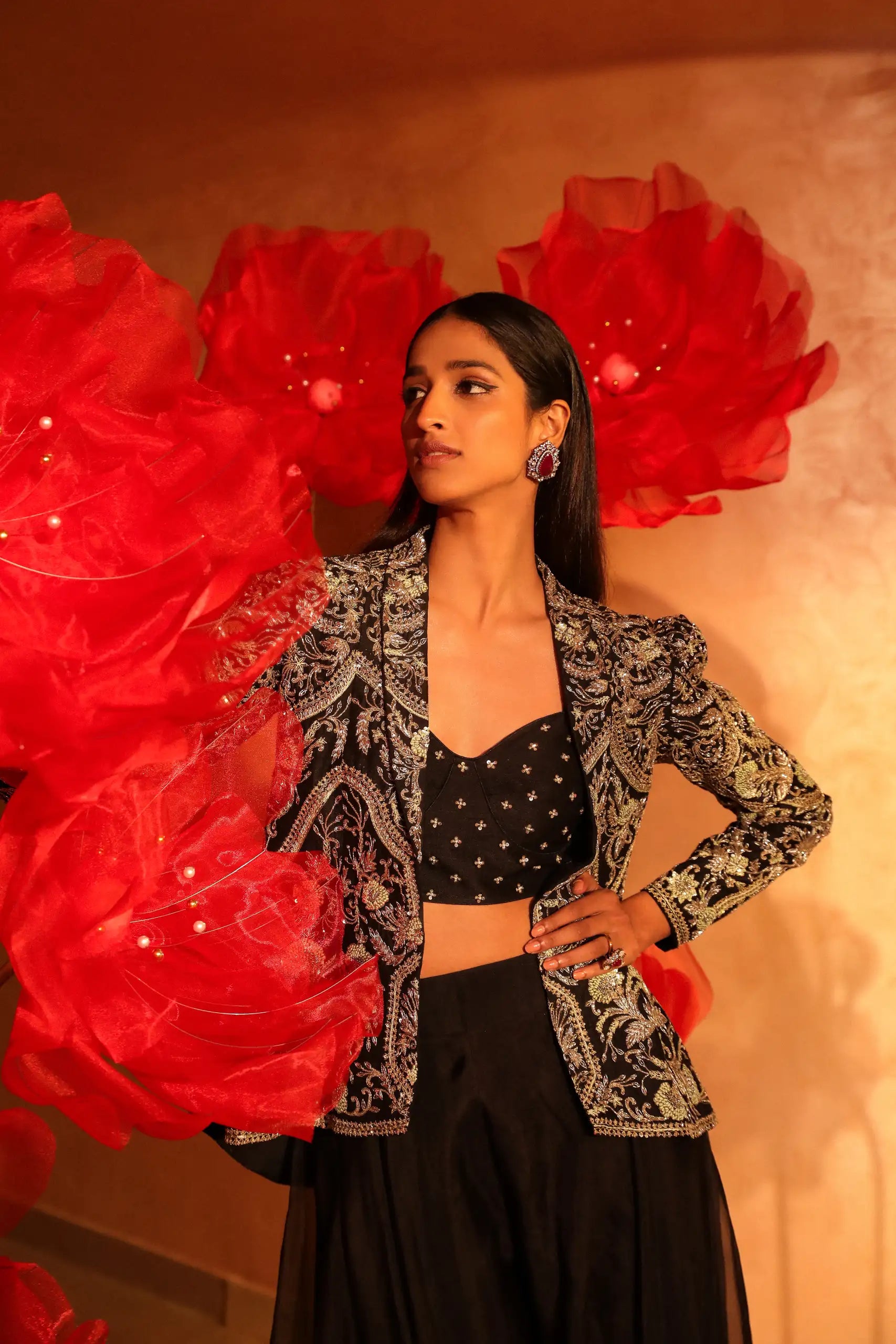 Classy Black Palazzo Set with embroidered Jacket