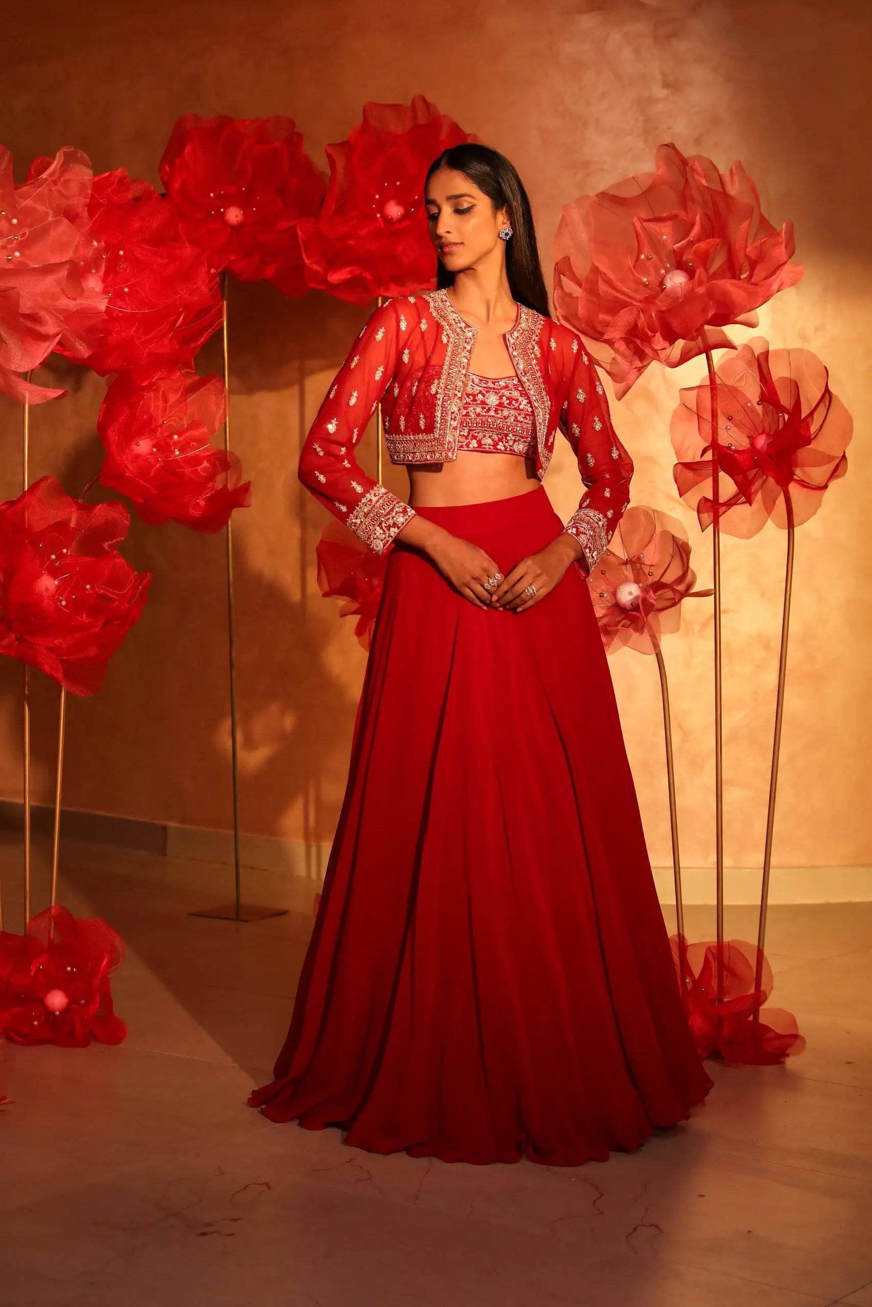 Radiant Red Lehenga Set with Embroidered Jacket
