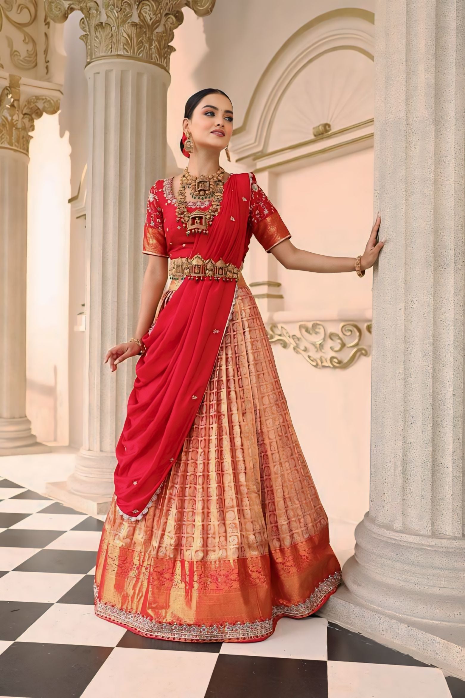 Gleaming Red and Gold Pattu lehenga set