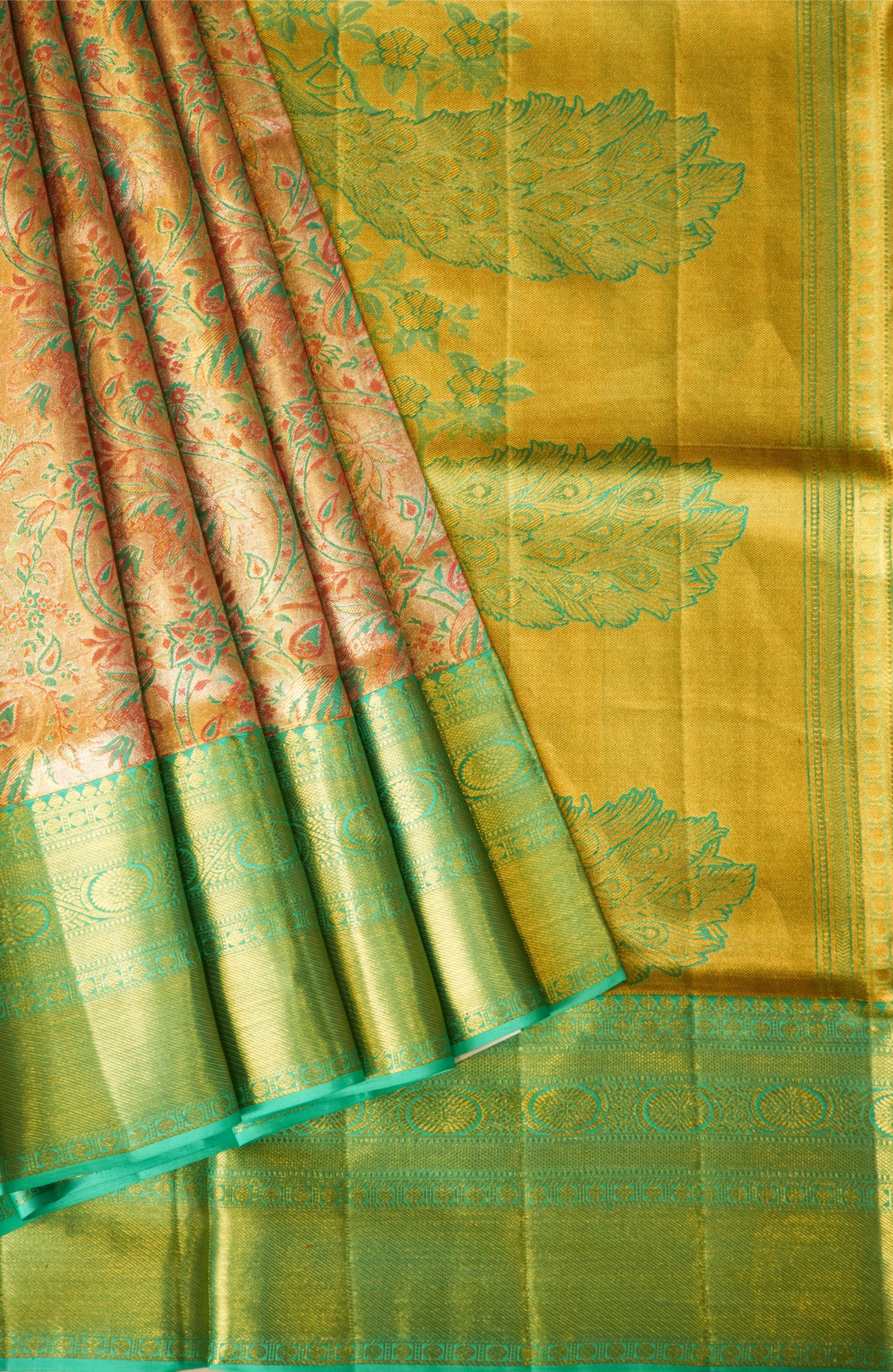 Gold Meenakari Kanchi Saree with Blue Border