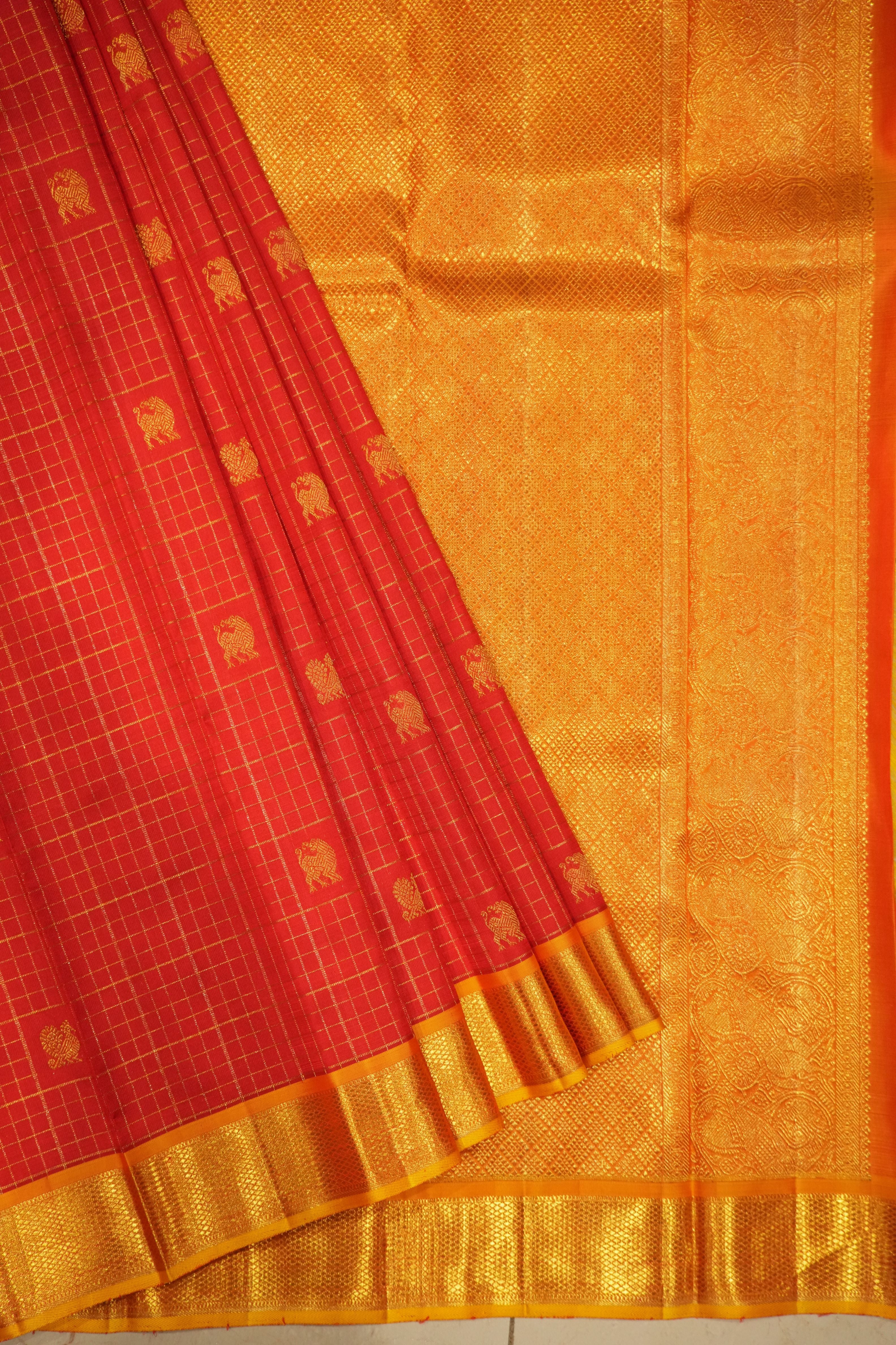 Uma Red Vintage Checks Kanchi Saree