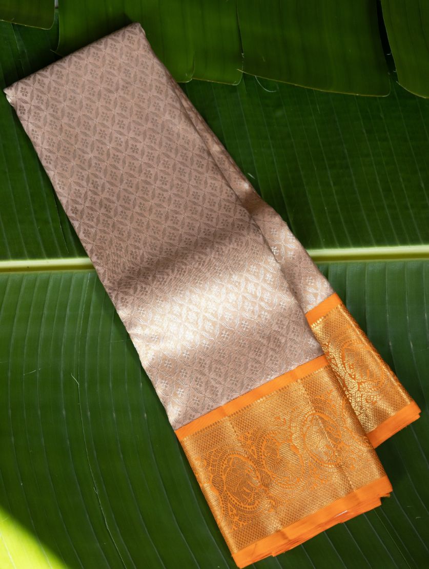 Dark Gold Kanchi Saree with Traditional Orange Border