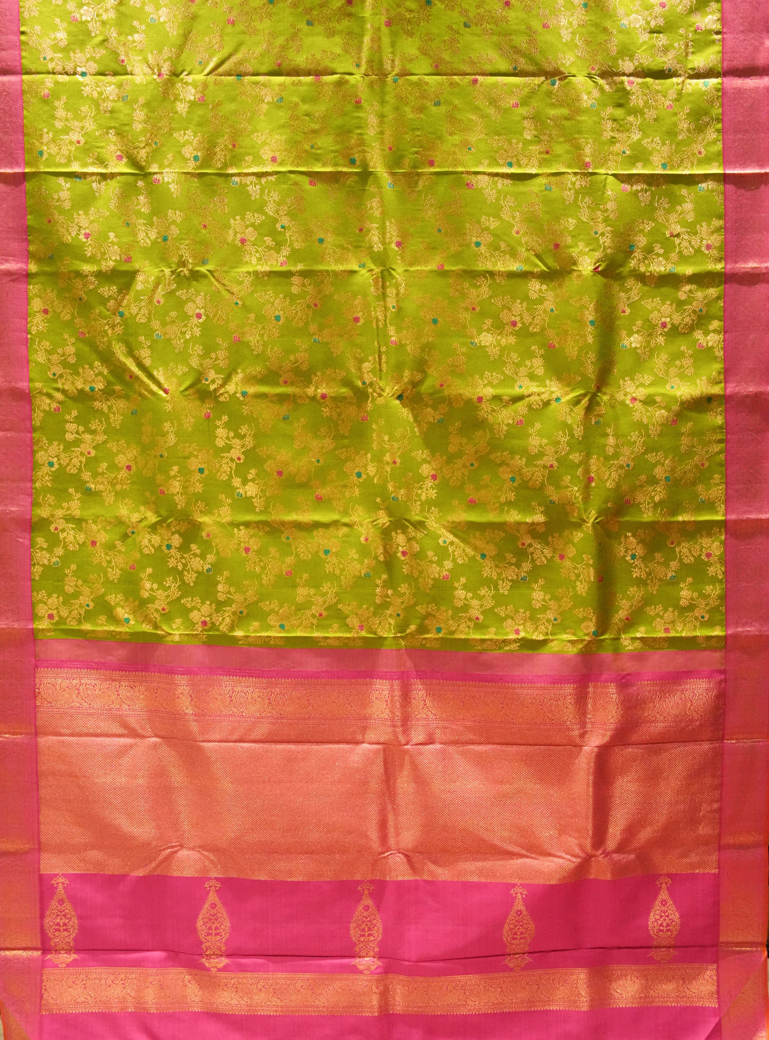 Parrot Green Floral Kanchi Saree with Contrast Pink Border