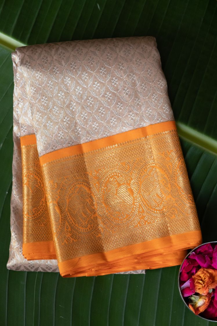 Dark Gold Kanchi Saree with Traditional Orange Border