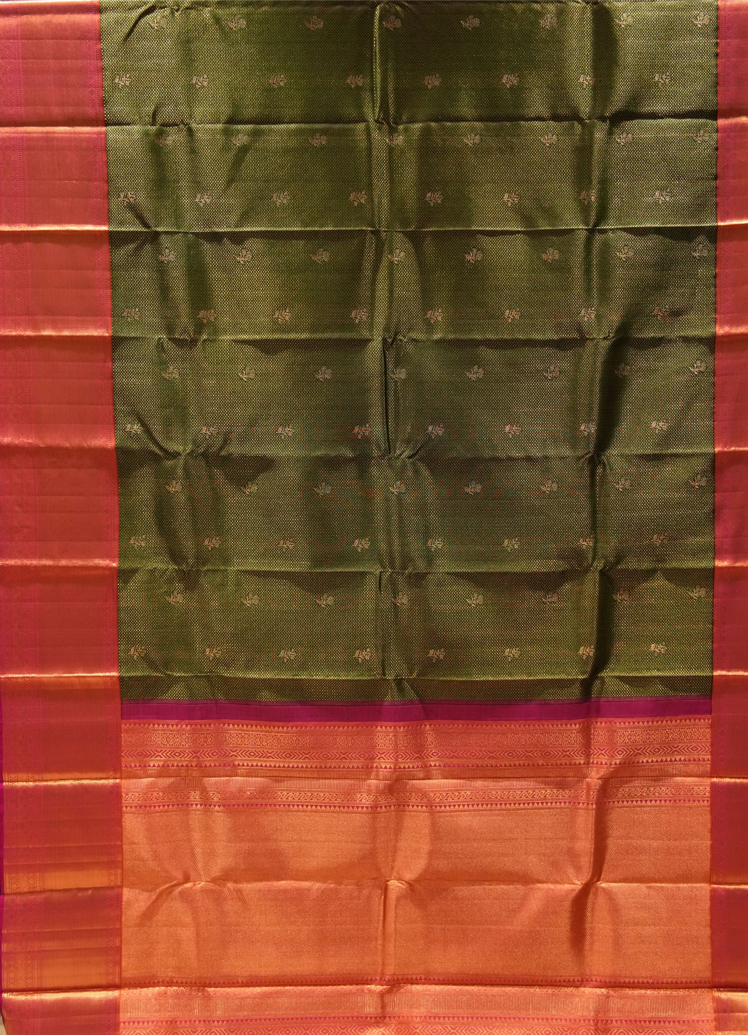 Dark Green Vintage Kanchi Saree with Pink Border