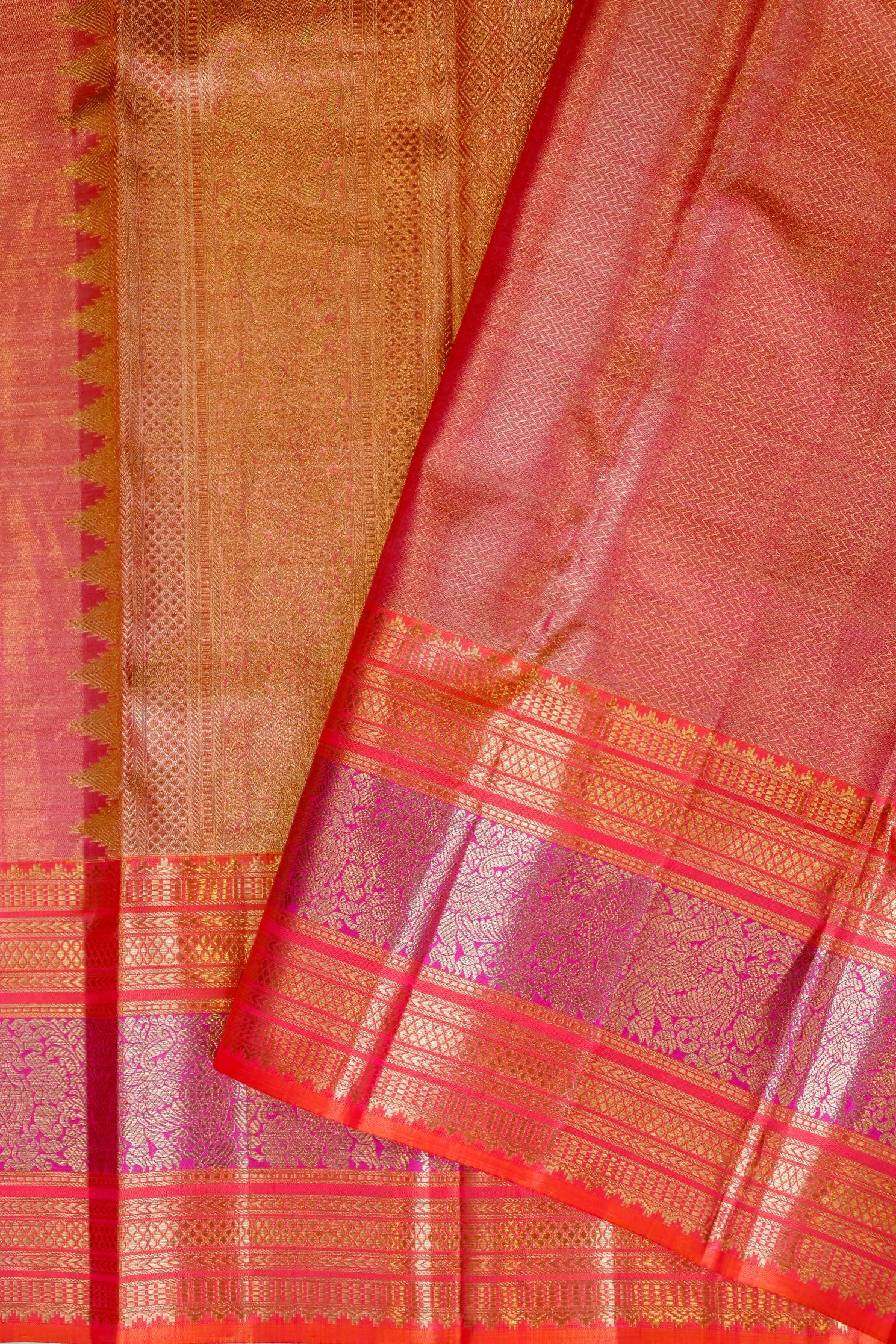 Gold Floral Kanchi Saree with Red and Purple Border