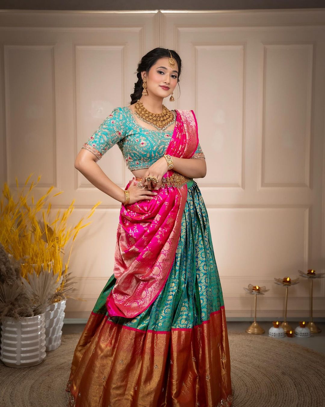 Sage Green and Pink Pattu lehenga Set