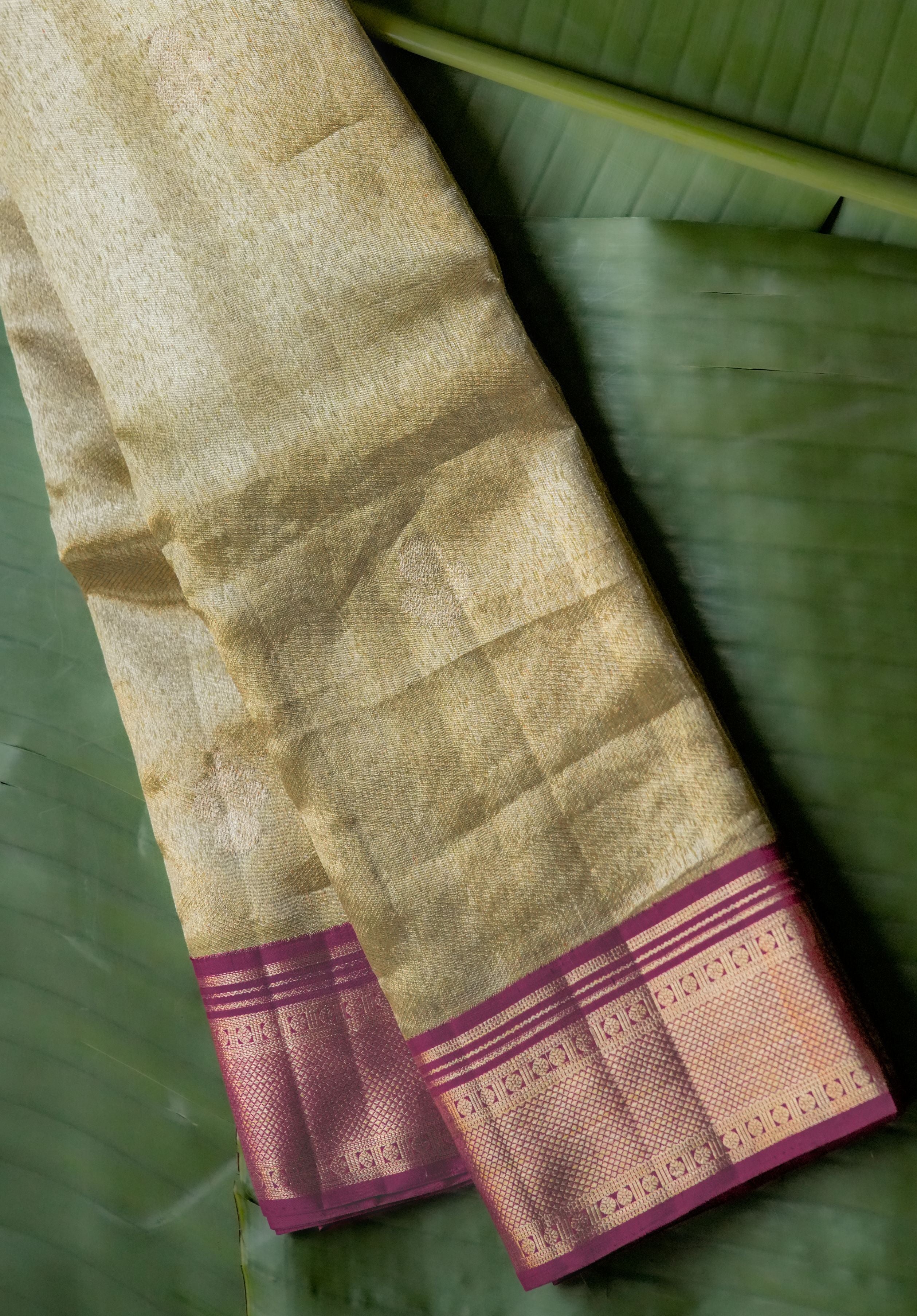 Gold Tissue Kanchi saree with Wine Border