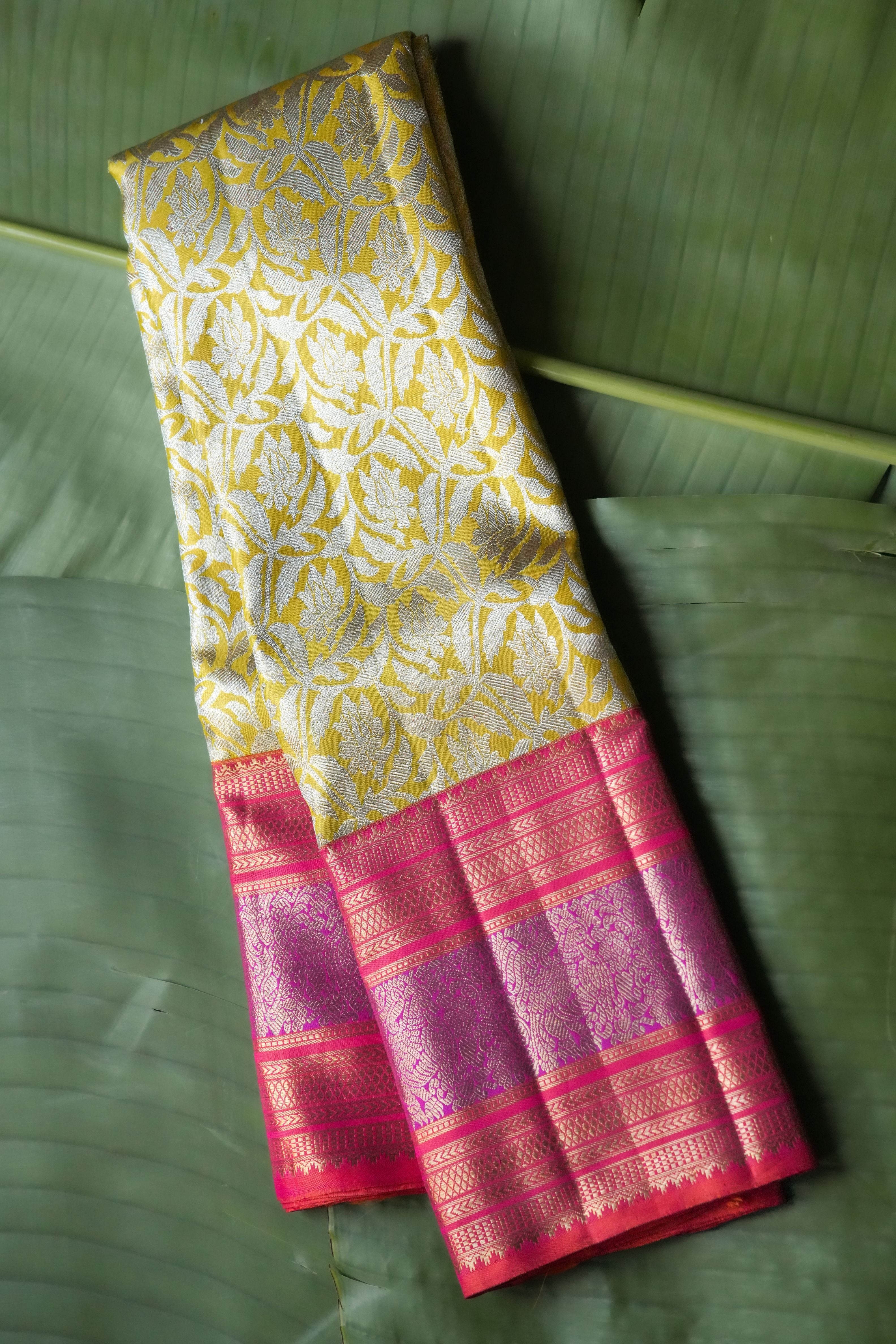 Gold Floral Kanchi Saree with Red and Purple Border