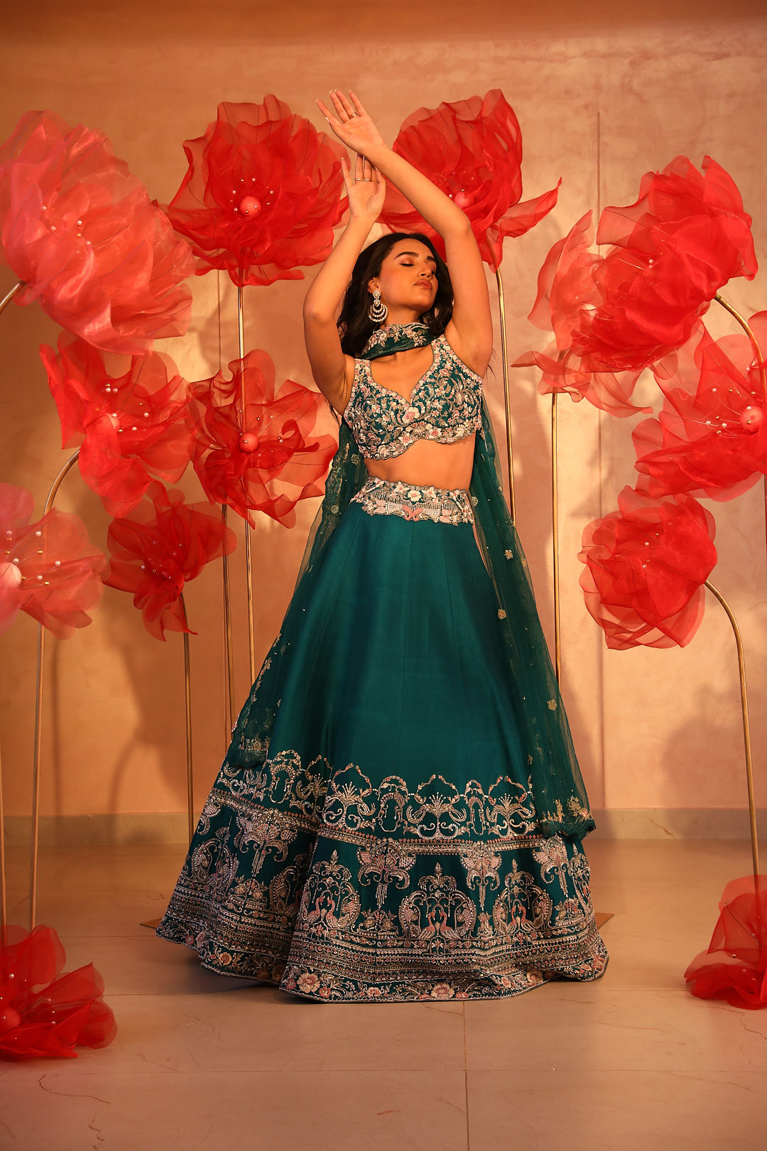 Paradisiacal Peacock Green Embroidered Lehenga Set