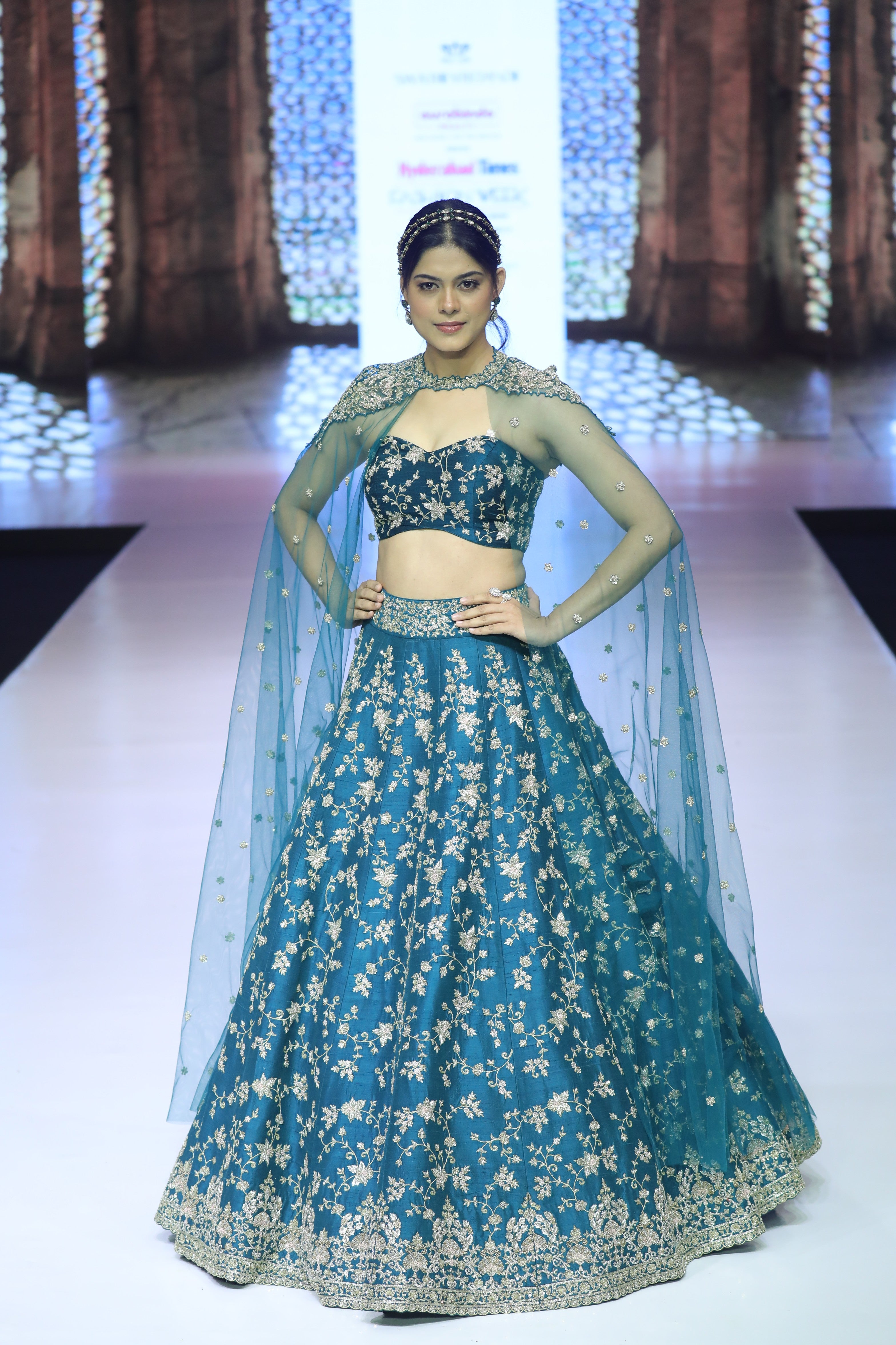 Starlit Teal green cape Lehenga set