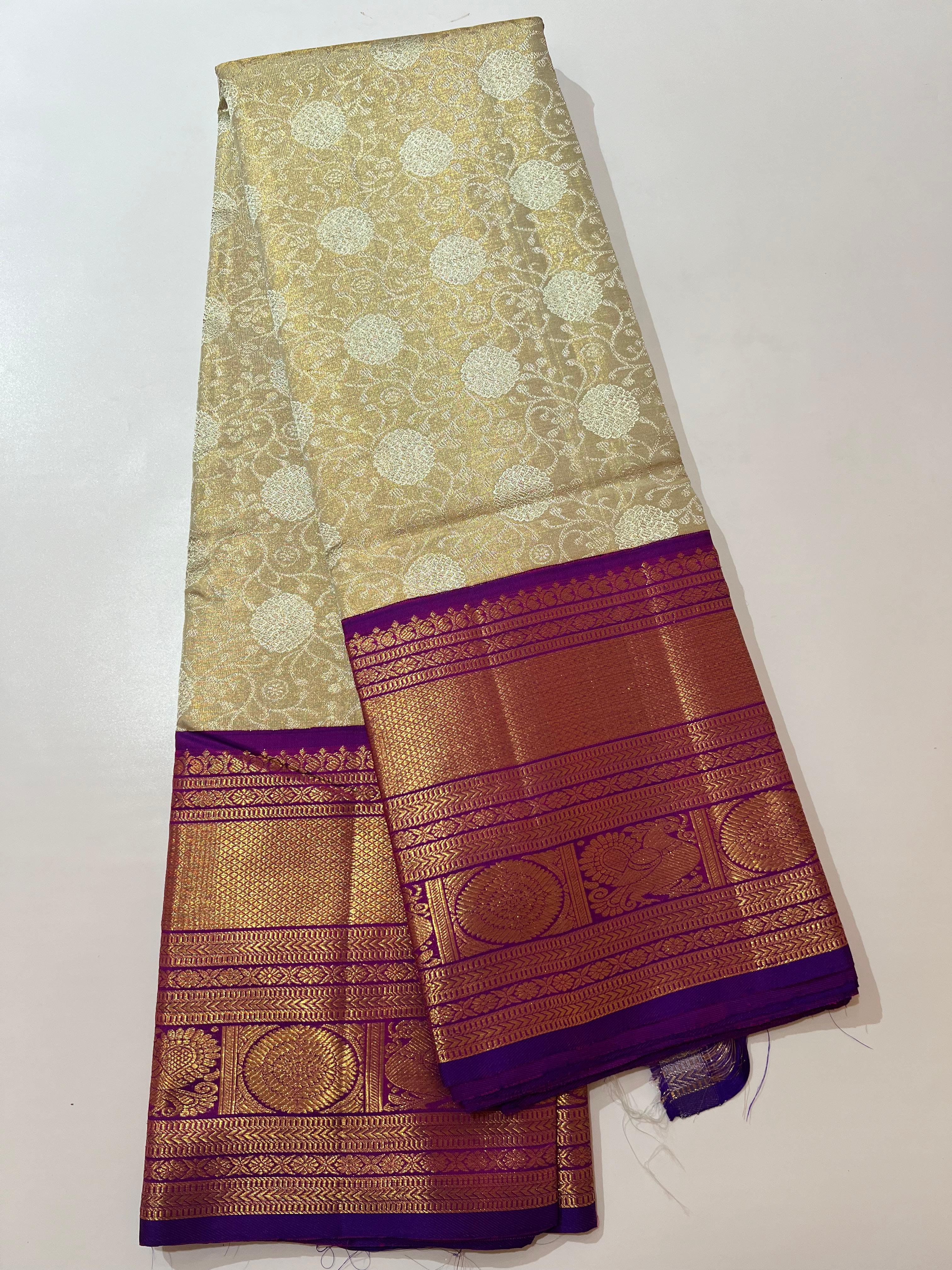 Golden and violet Kanjeevaram silk saree