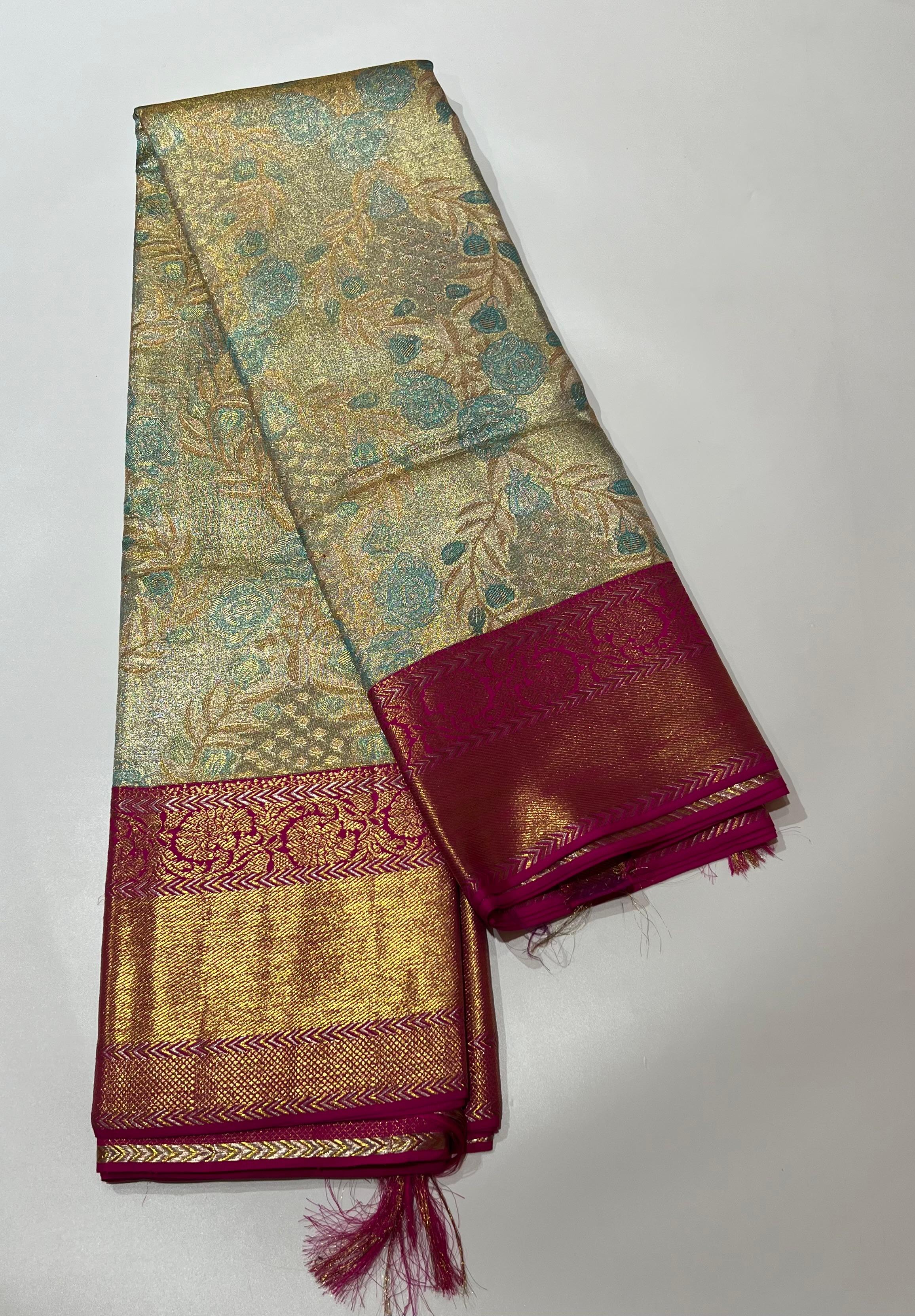 Rose motif Beige and pink kanjeevaram silk saree