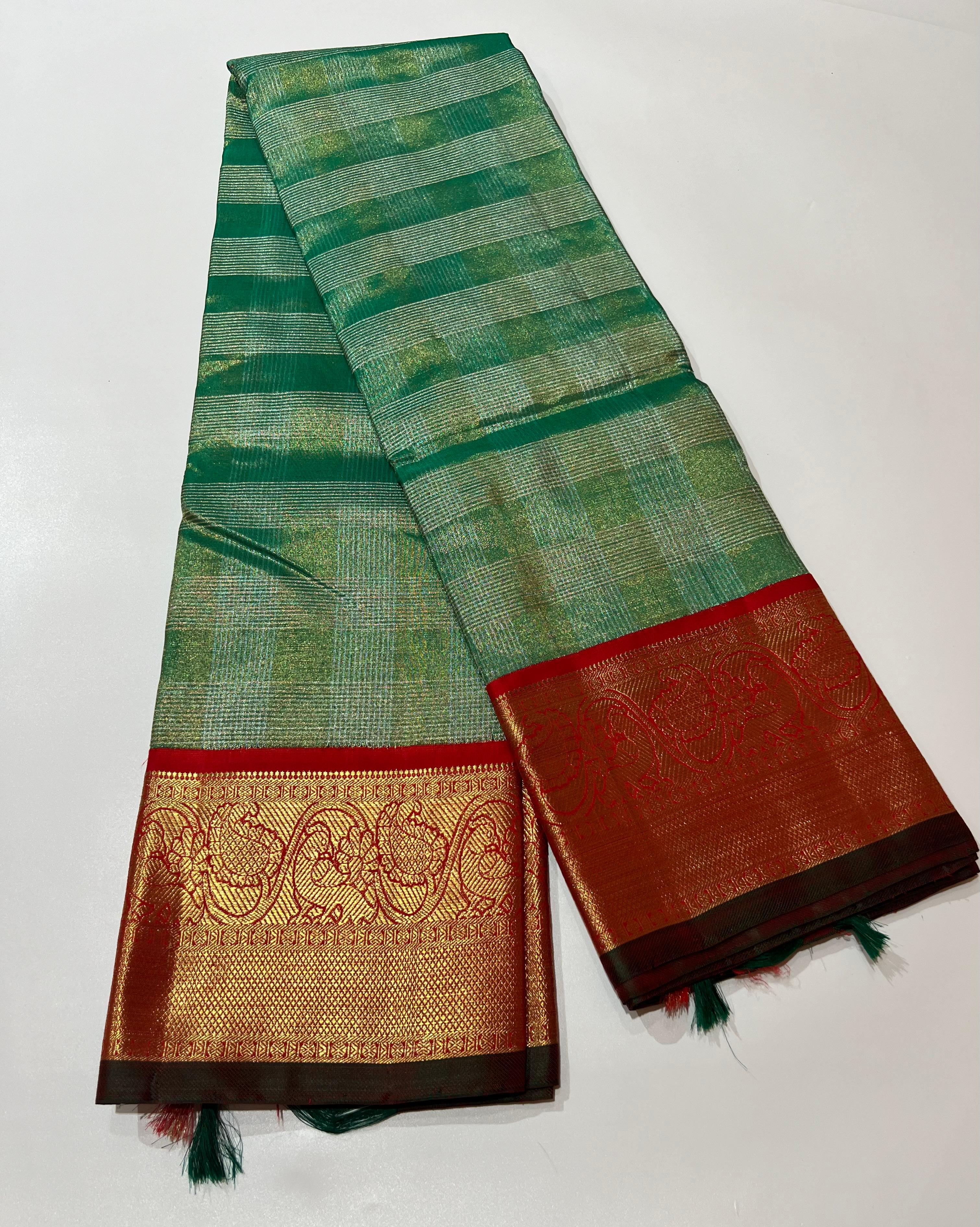 Check Pattern Green and red Kanjeevaram silk saree