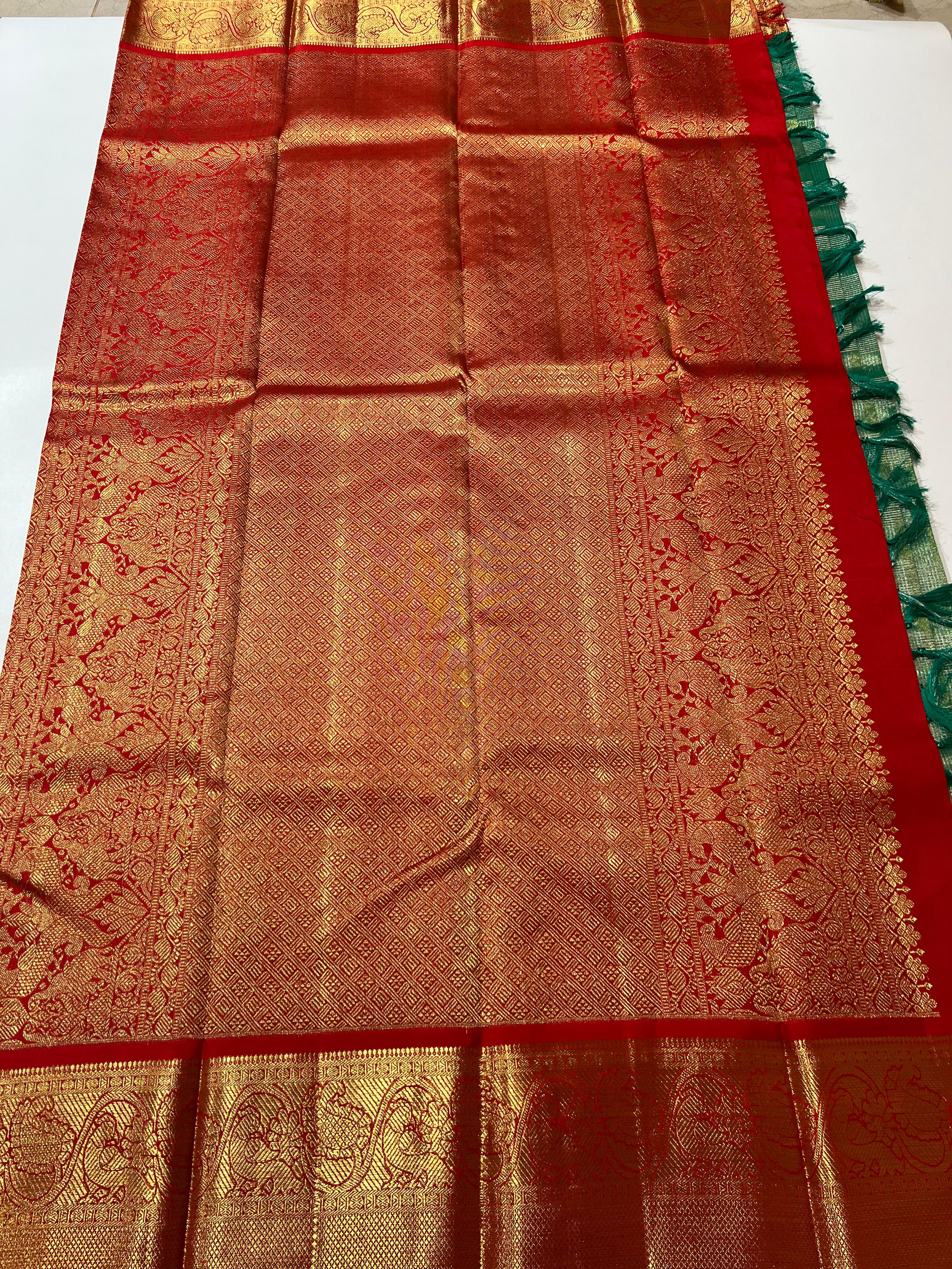 Check Pattern Green and red Kanjeevaram silk saree