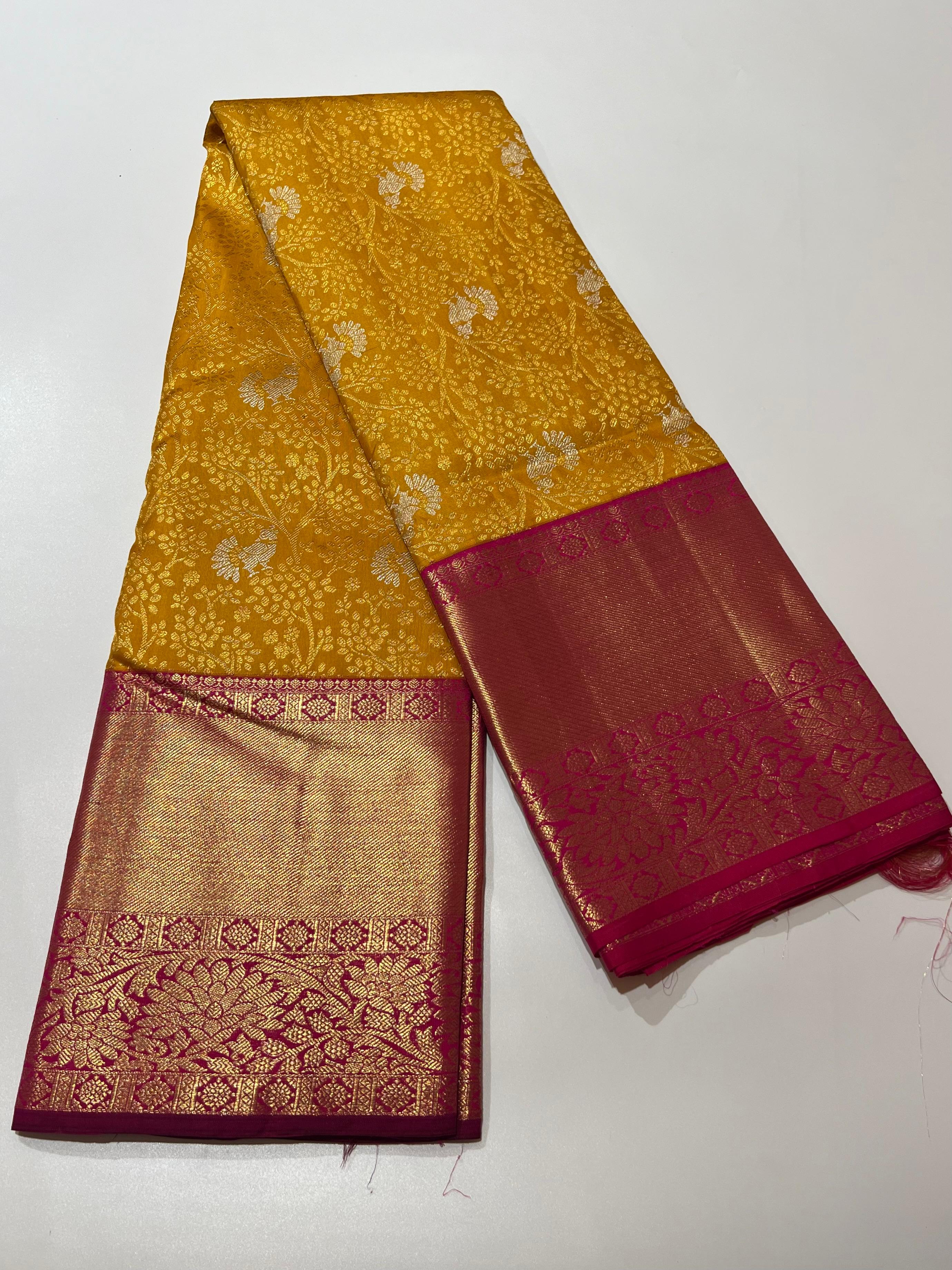 Yellow and Pink kanjeevaram Silk saree