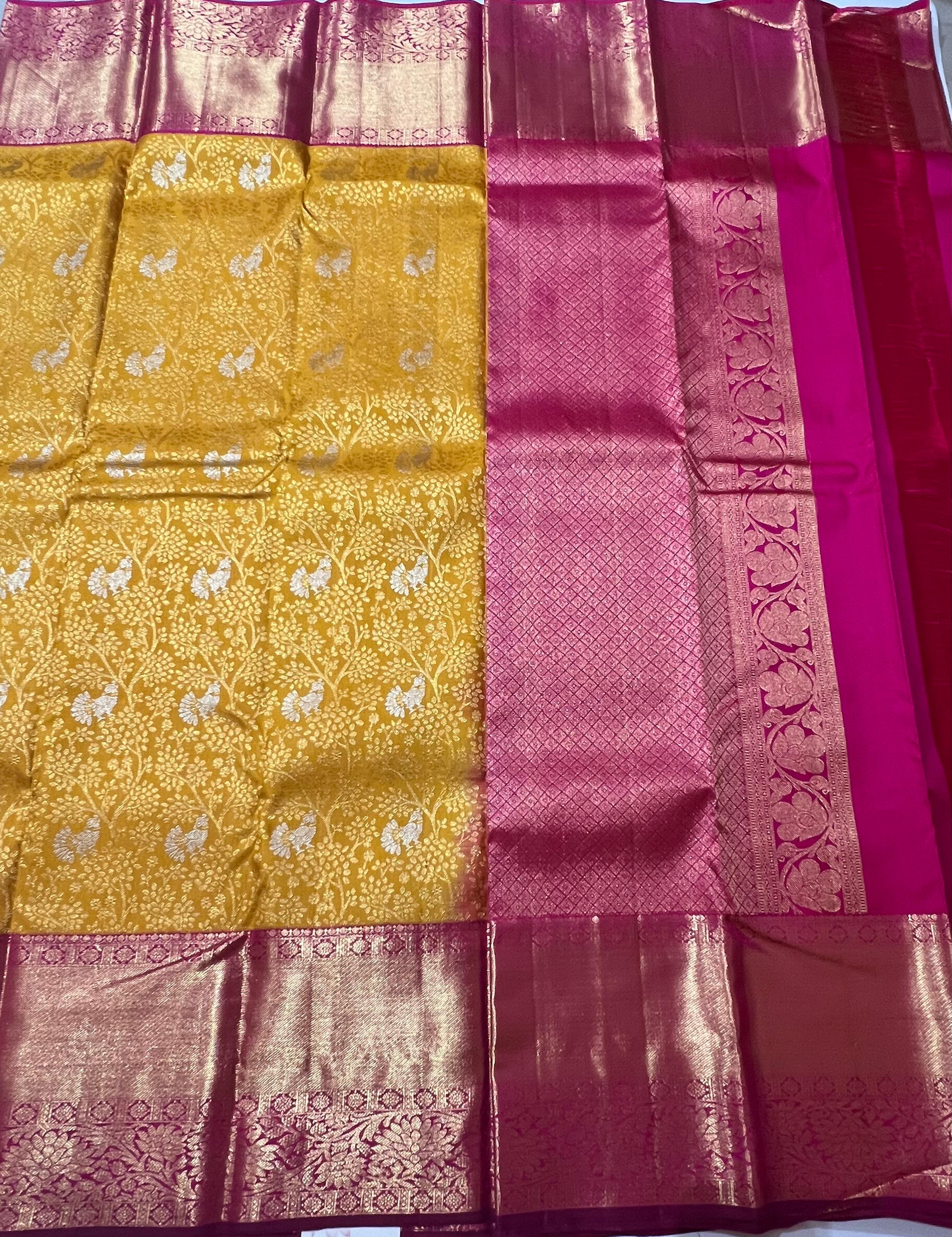 Yellow and Pink kanjeevaram Silk saree