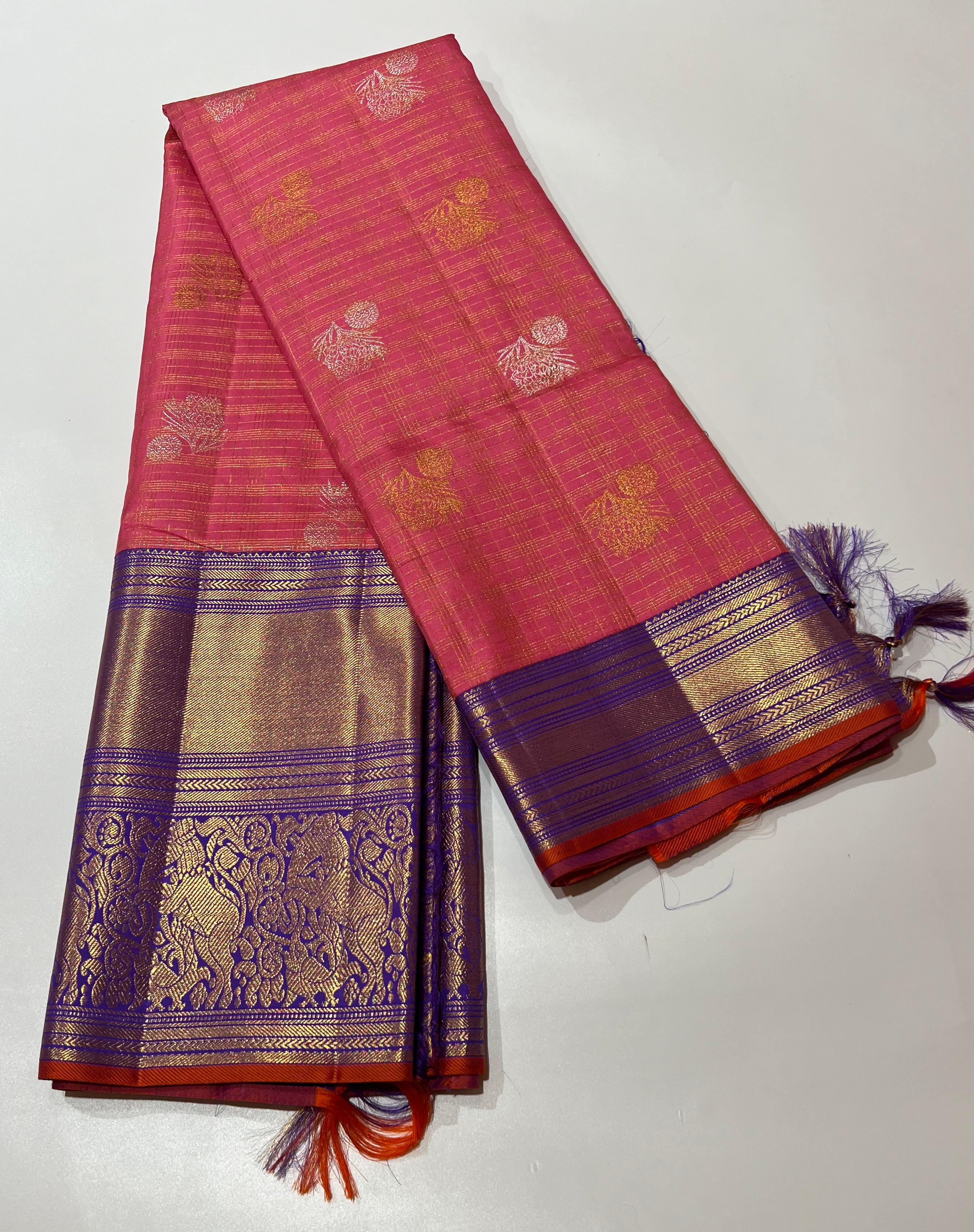 Check pattern pink and violet Kanjeevaram silk saree