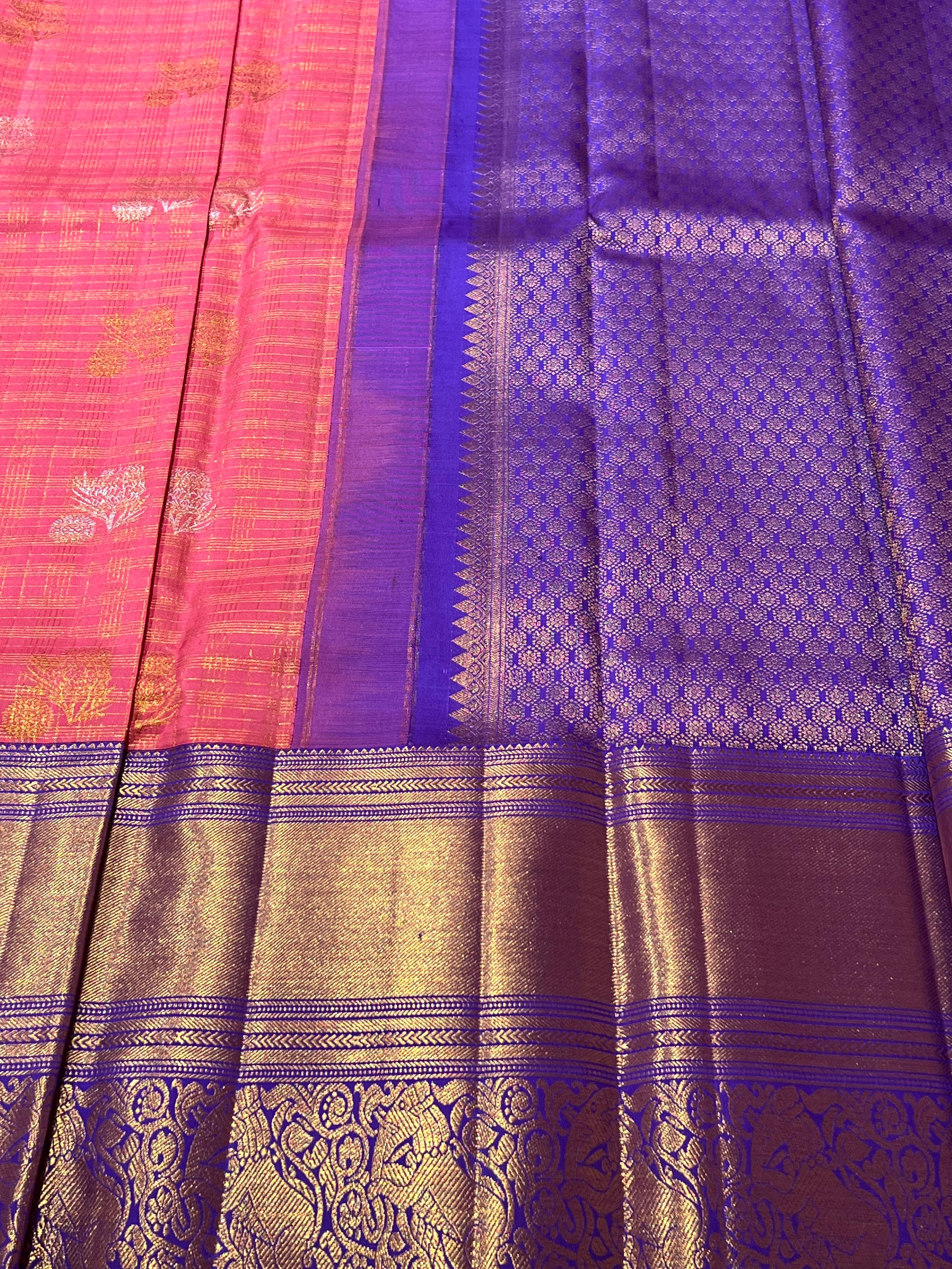 Check pattern pink and violet Kanjeevaram silk saree