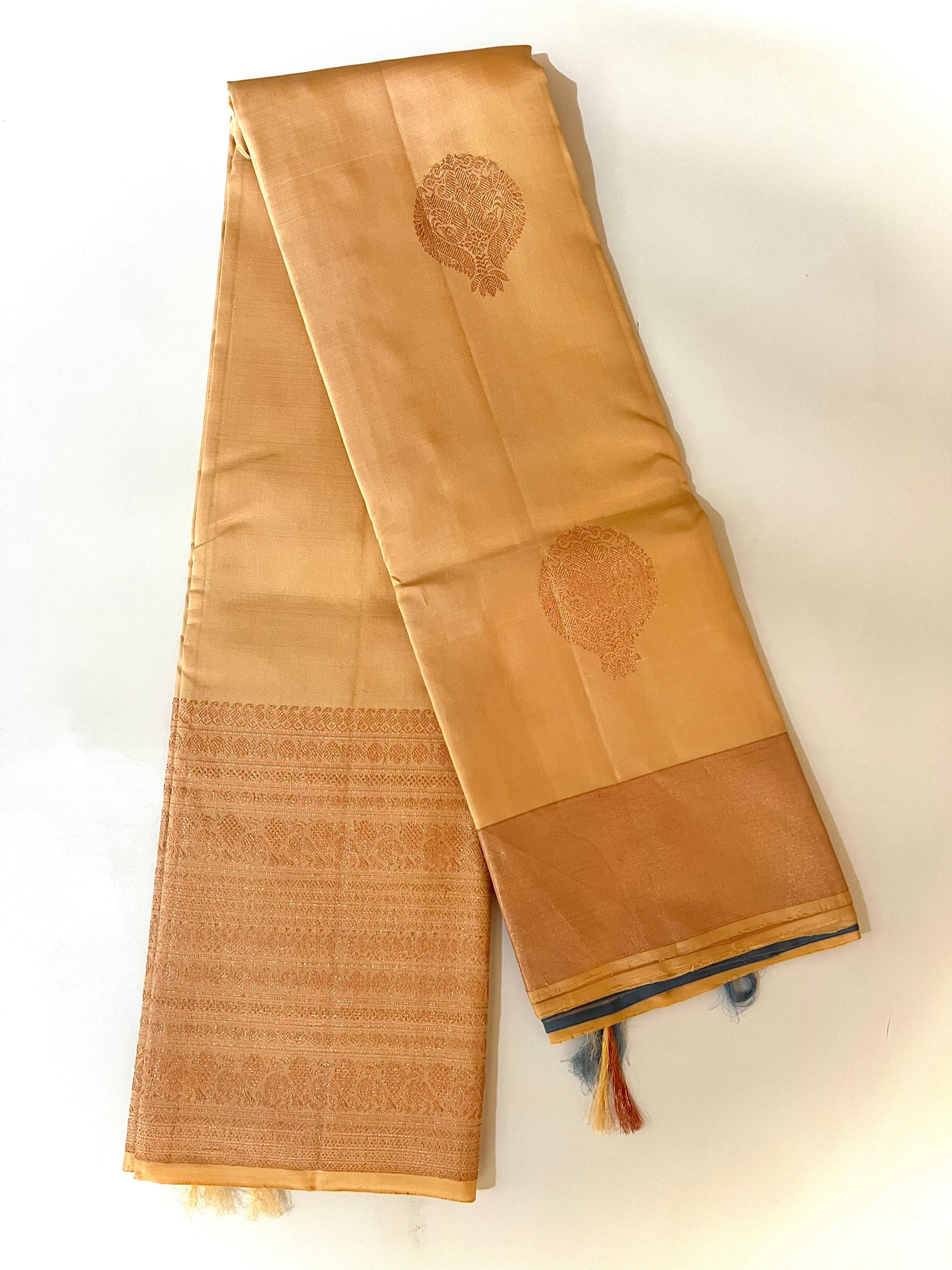 Cream and Golden zari work kanjeevaram silk saree