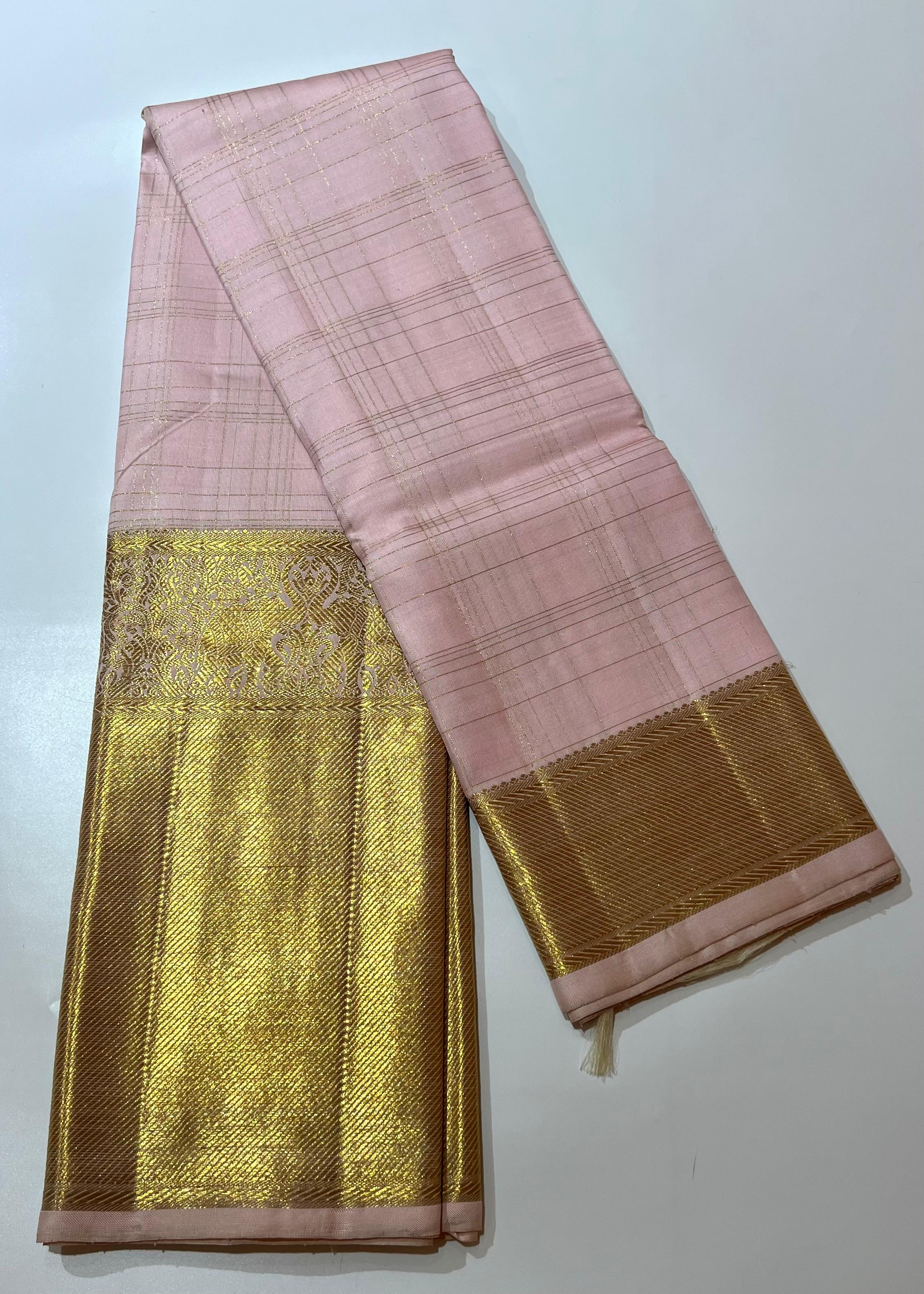 Check pattern Light pink and golden Kanjeevaram silk saree