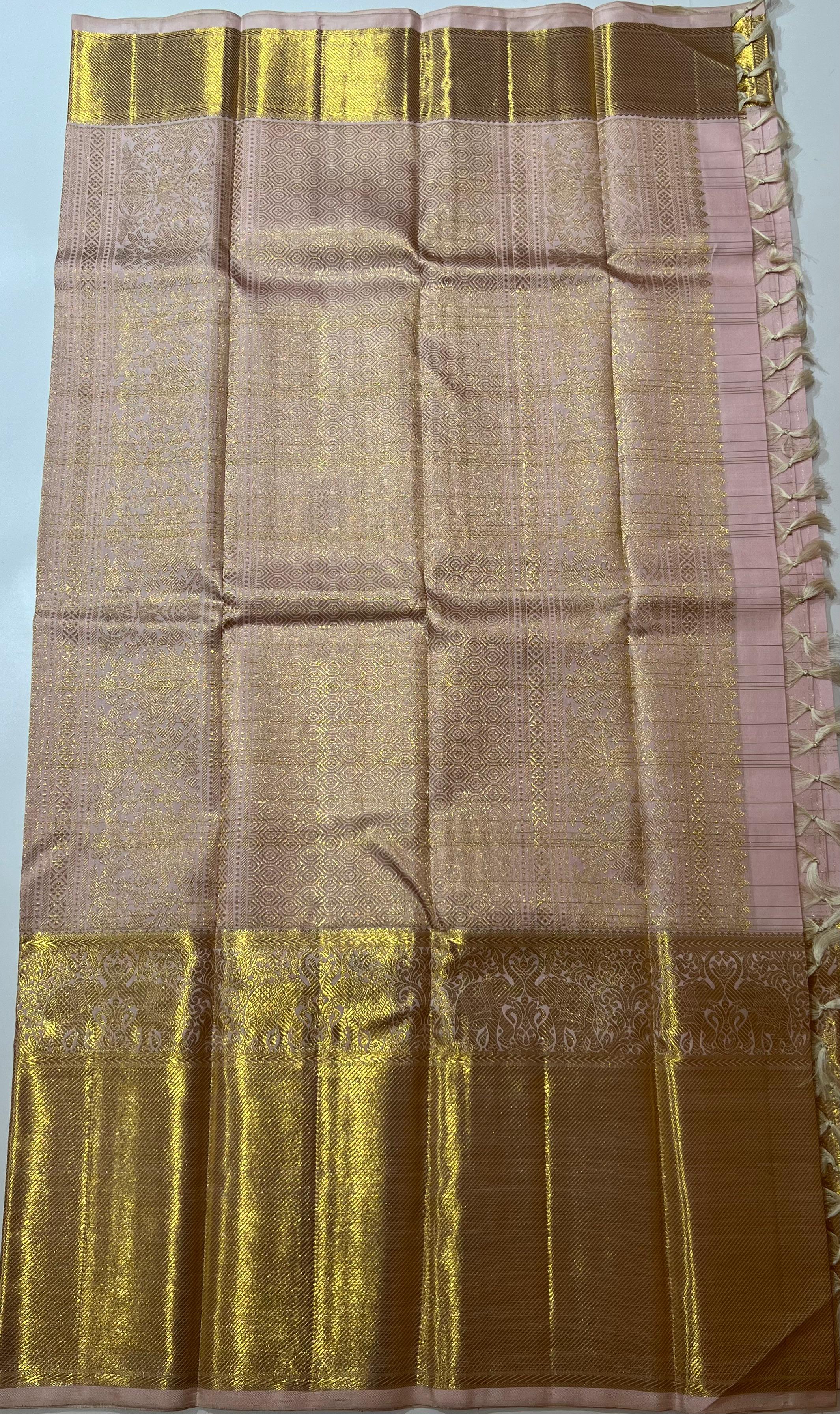 Check pattern Light pink and golden Kanjeevaram silk saree