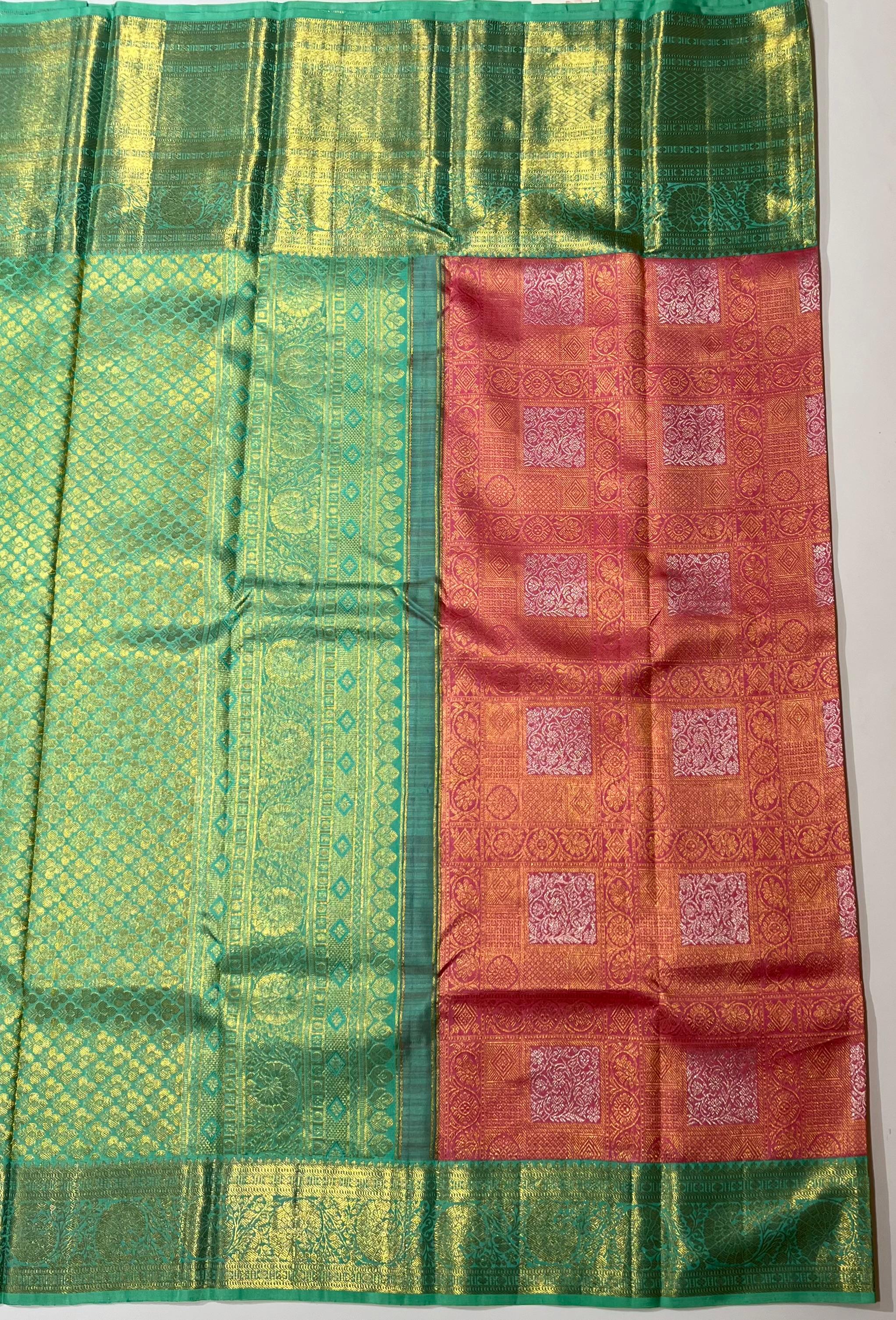 Peach and sea green Kanjeevaram silk saree