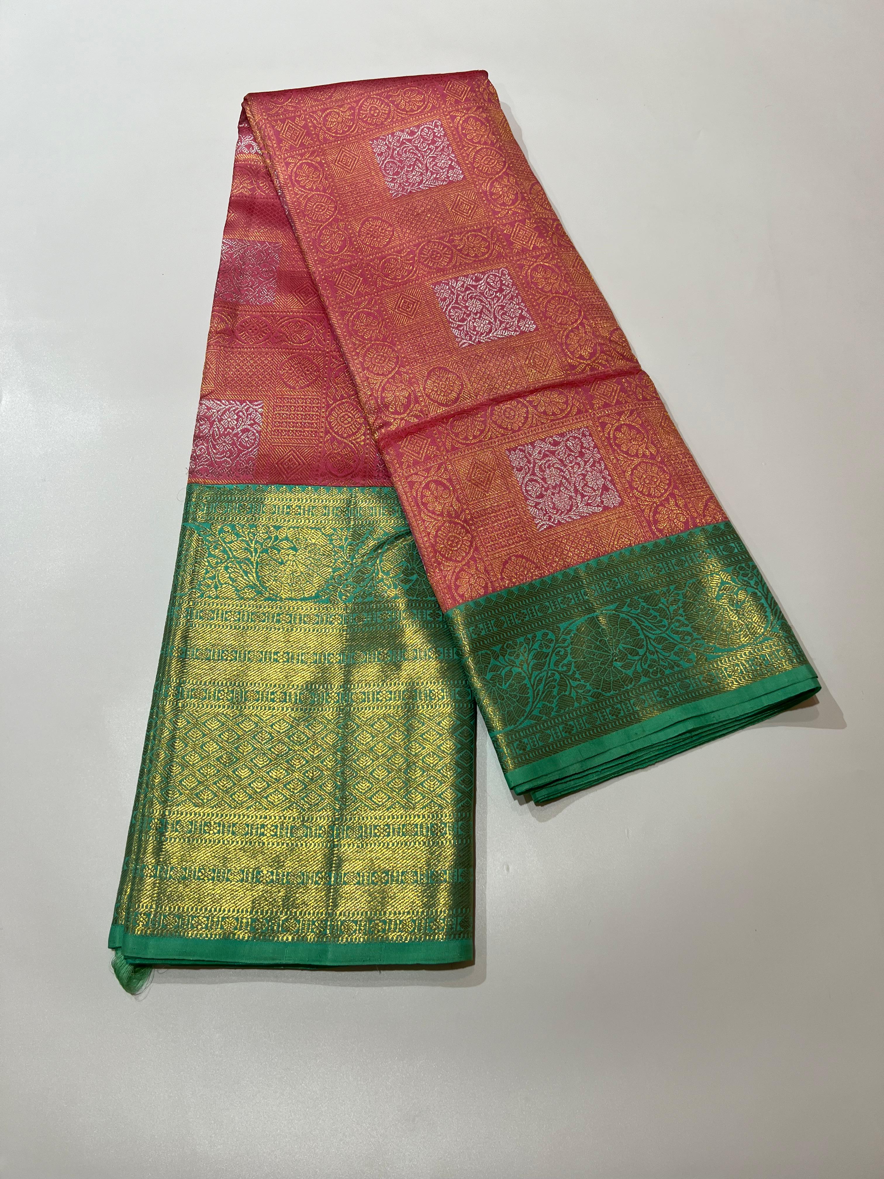Peach and sea green Kanjeevaram silk saree