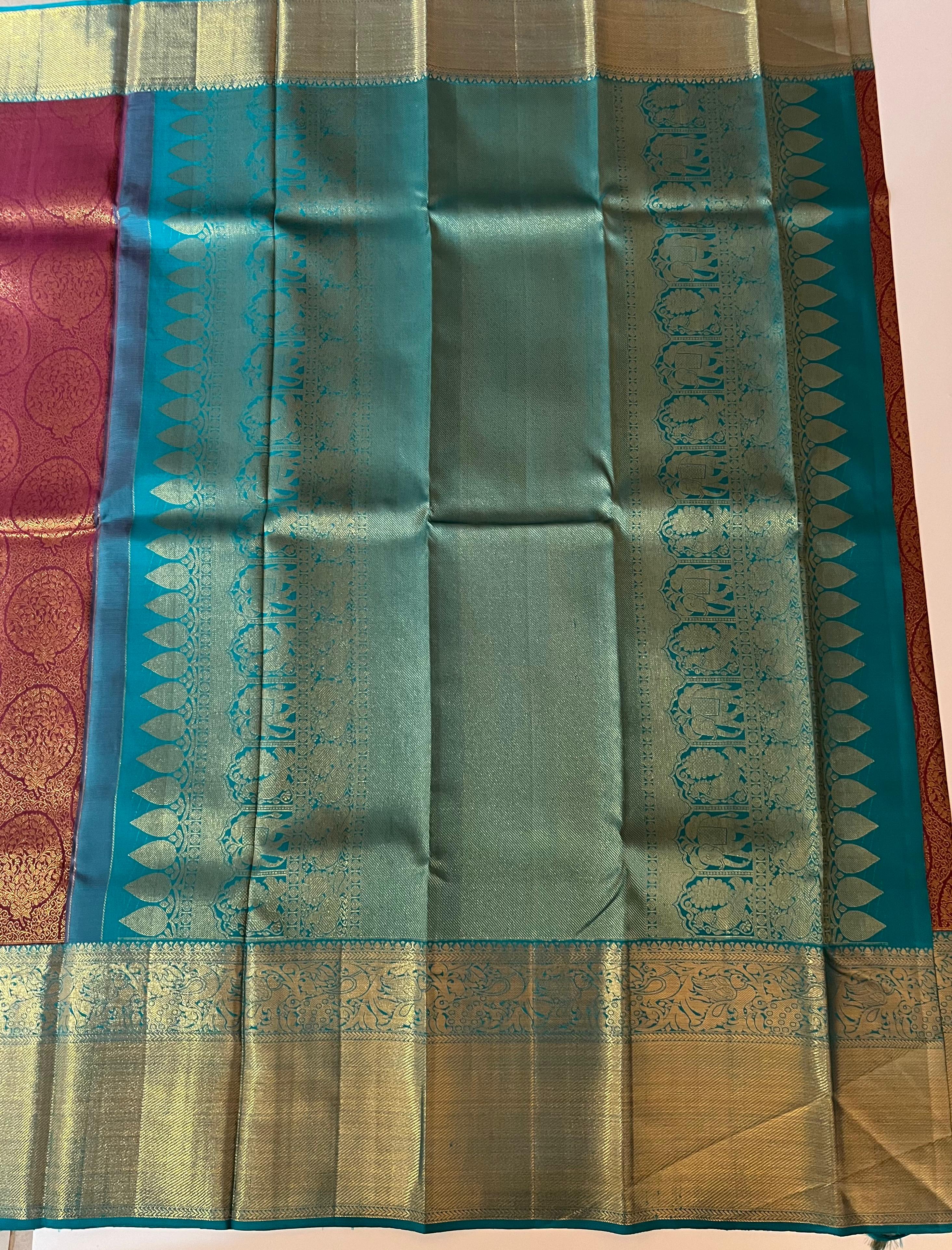 Burgundy and persian Green kanjeevaram silk saree