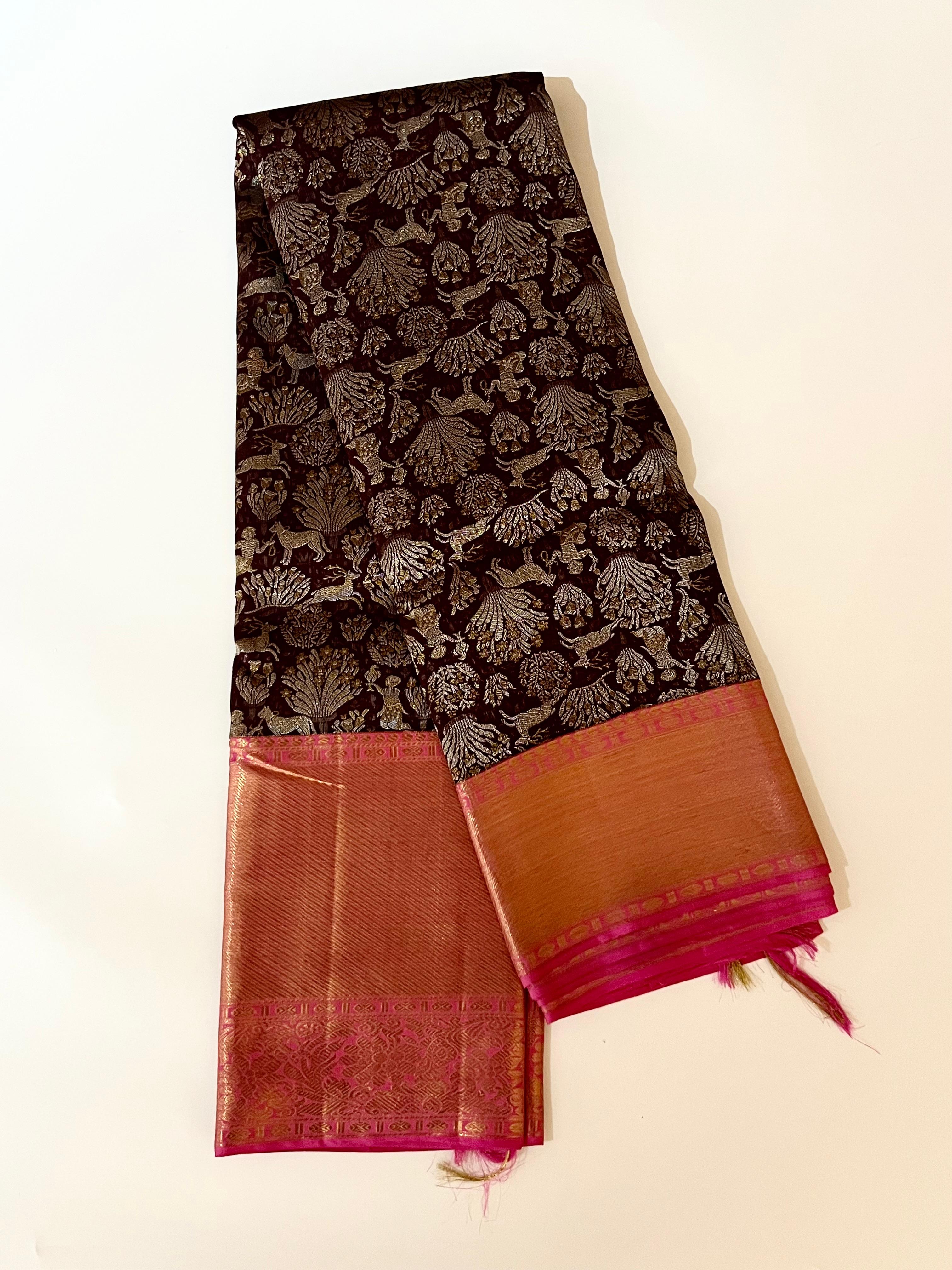 Brown and Pink kanjeevaram silk saree