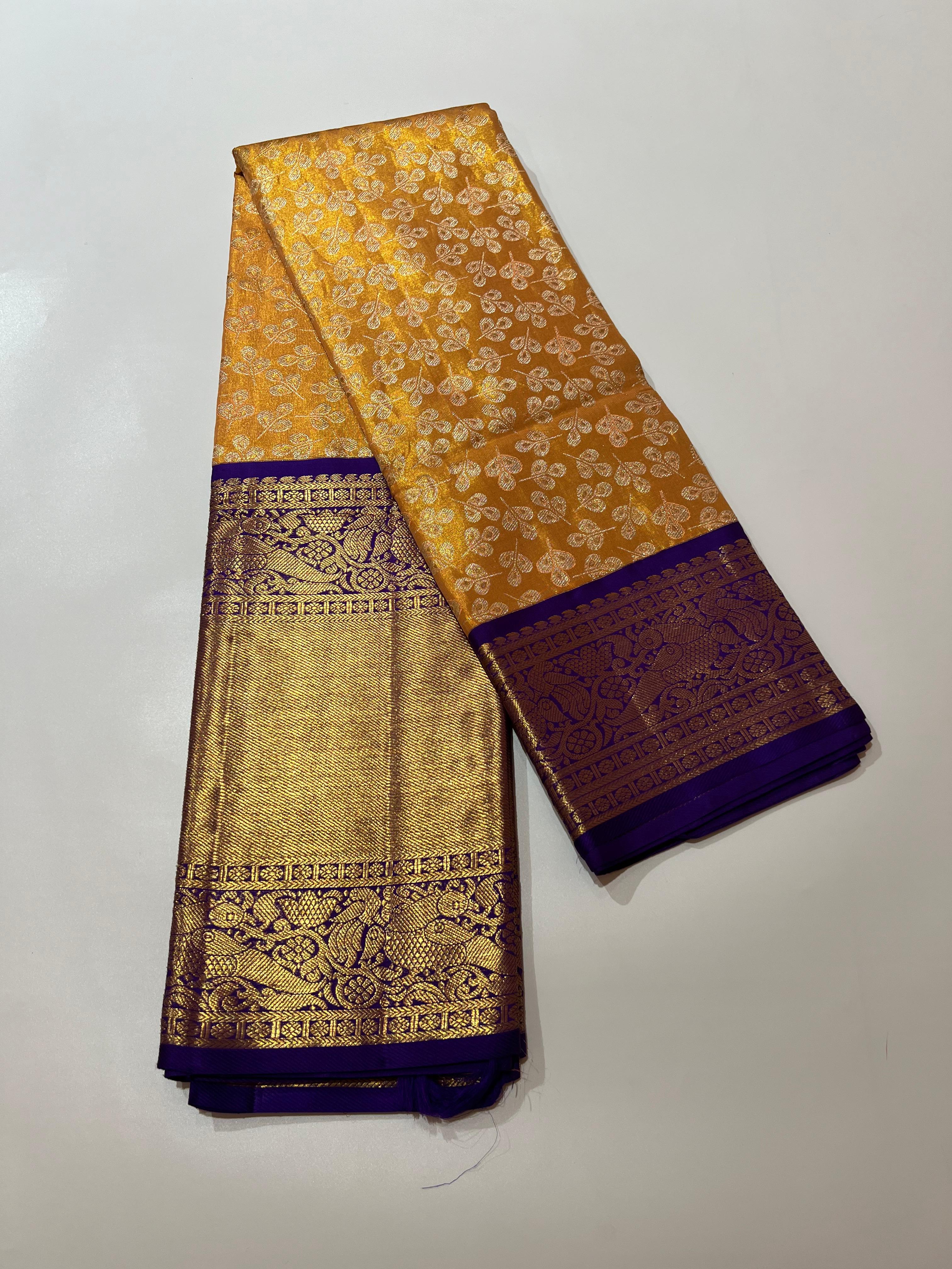 Golden and royal blue kanjeevaram silk saree