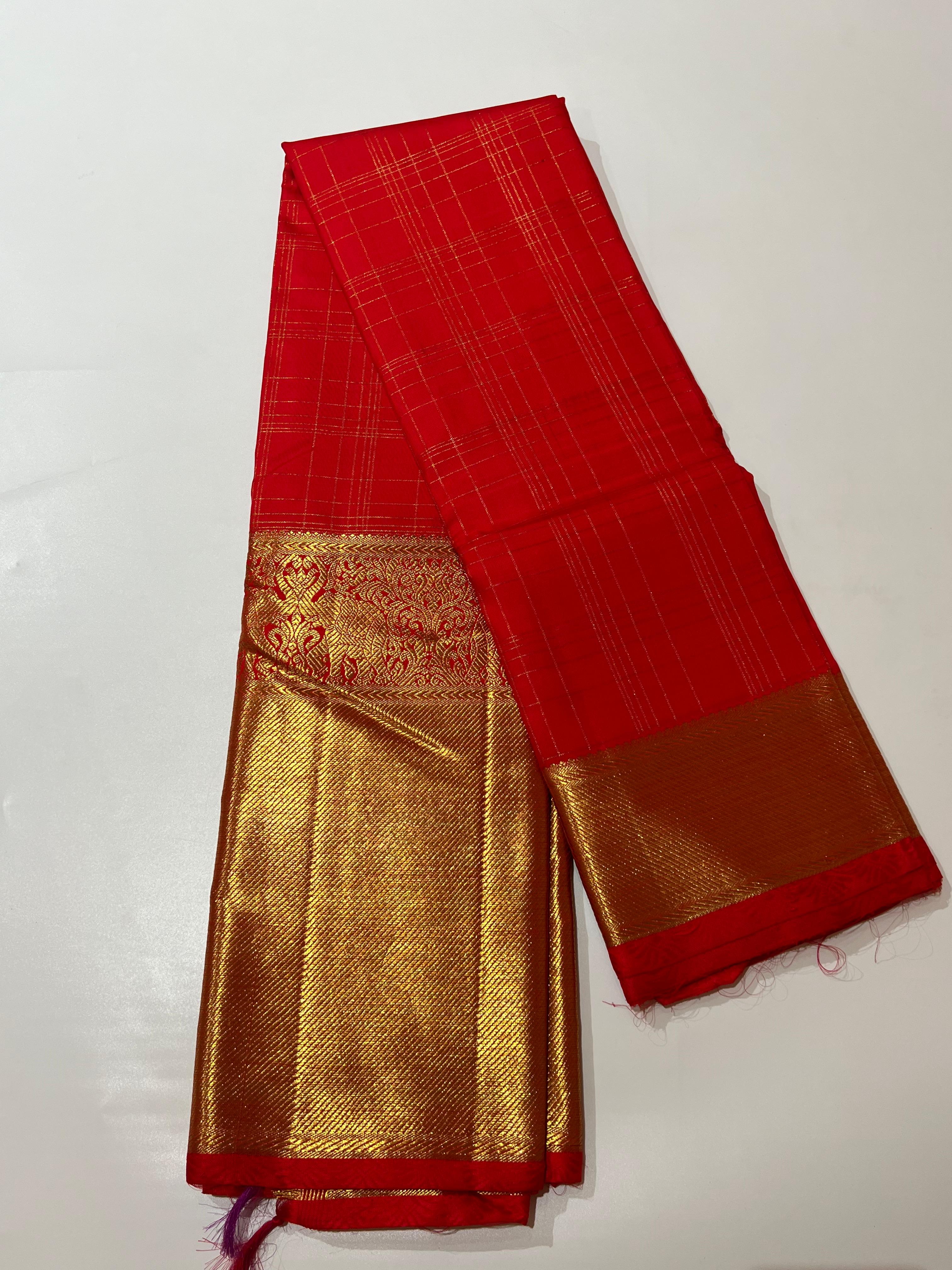 Check pattern Red and golden kanjeevaram silk saree