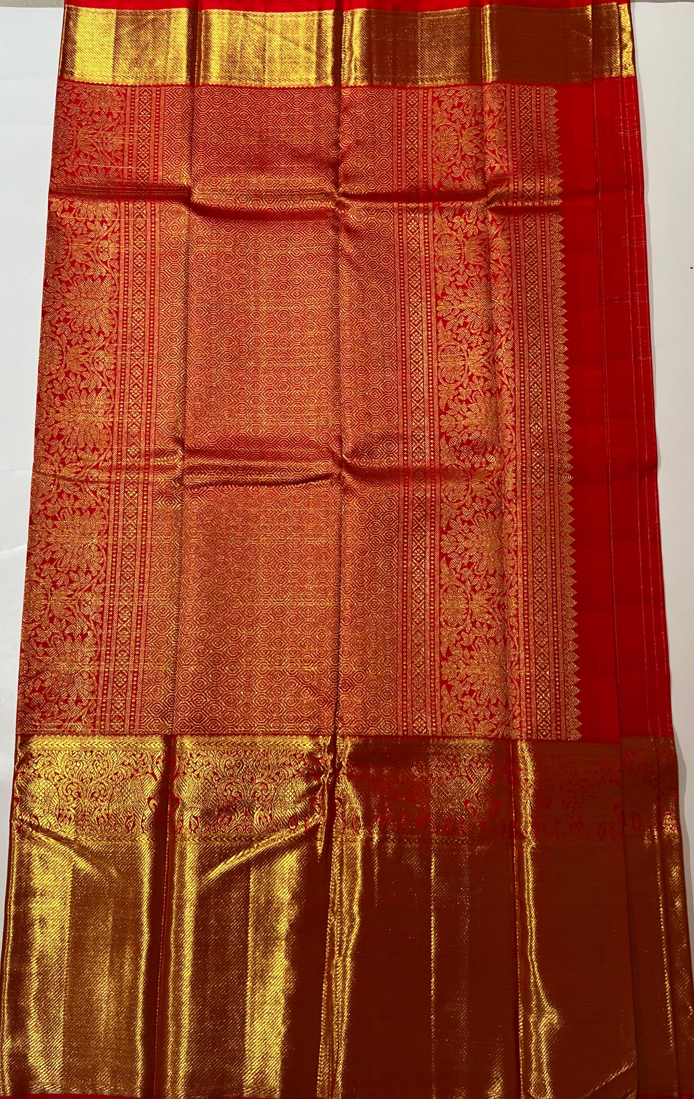 Check pattern Red and golden kanjeevaram silk saree