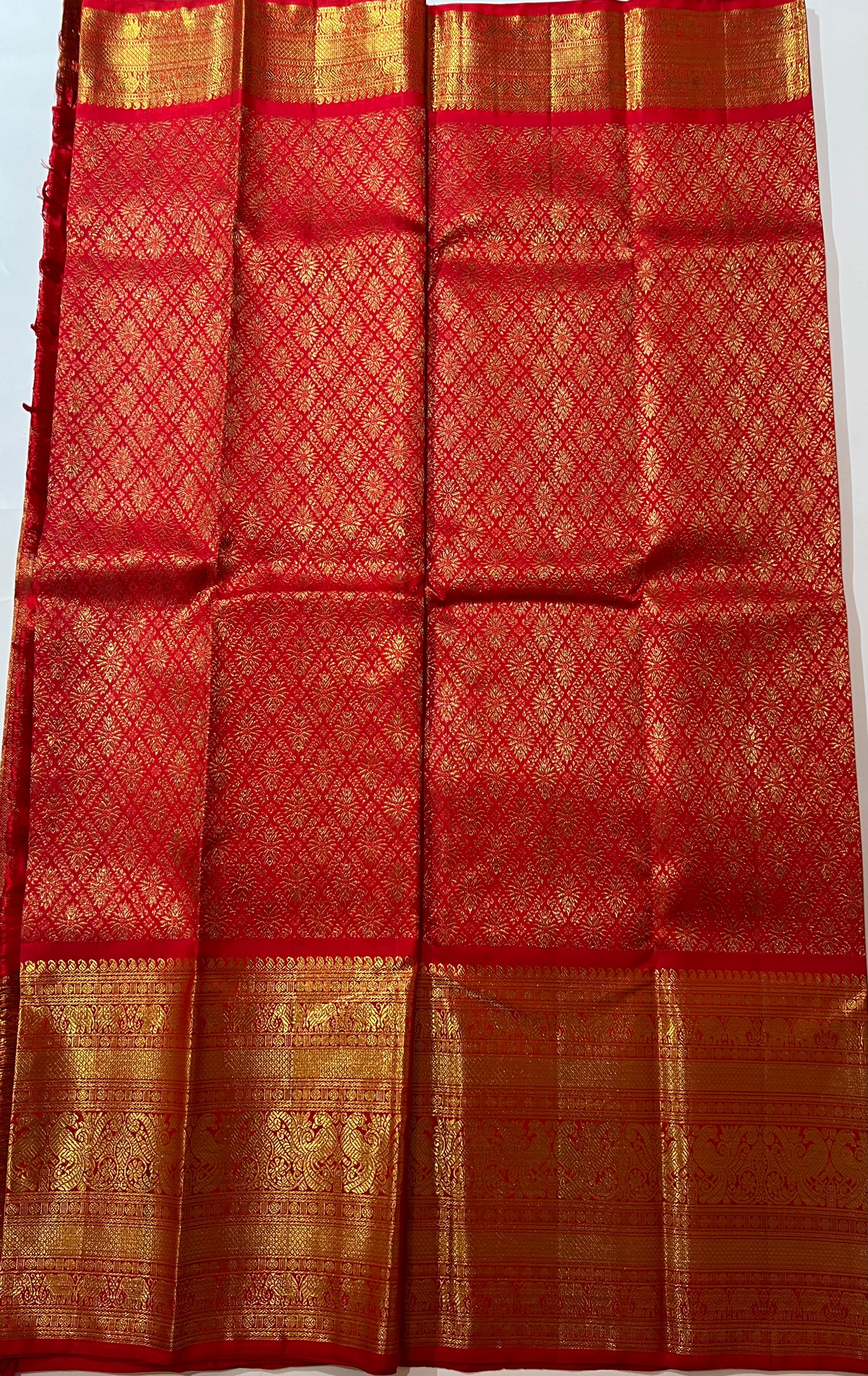 Diamond pattern Red and golden zari work kanjeevaram silk saree