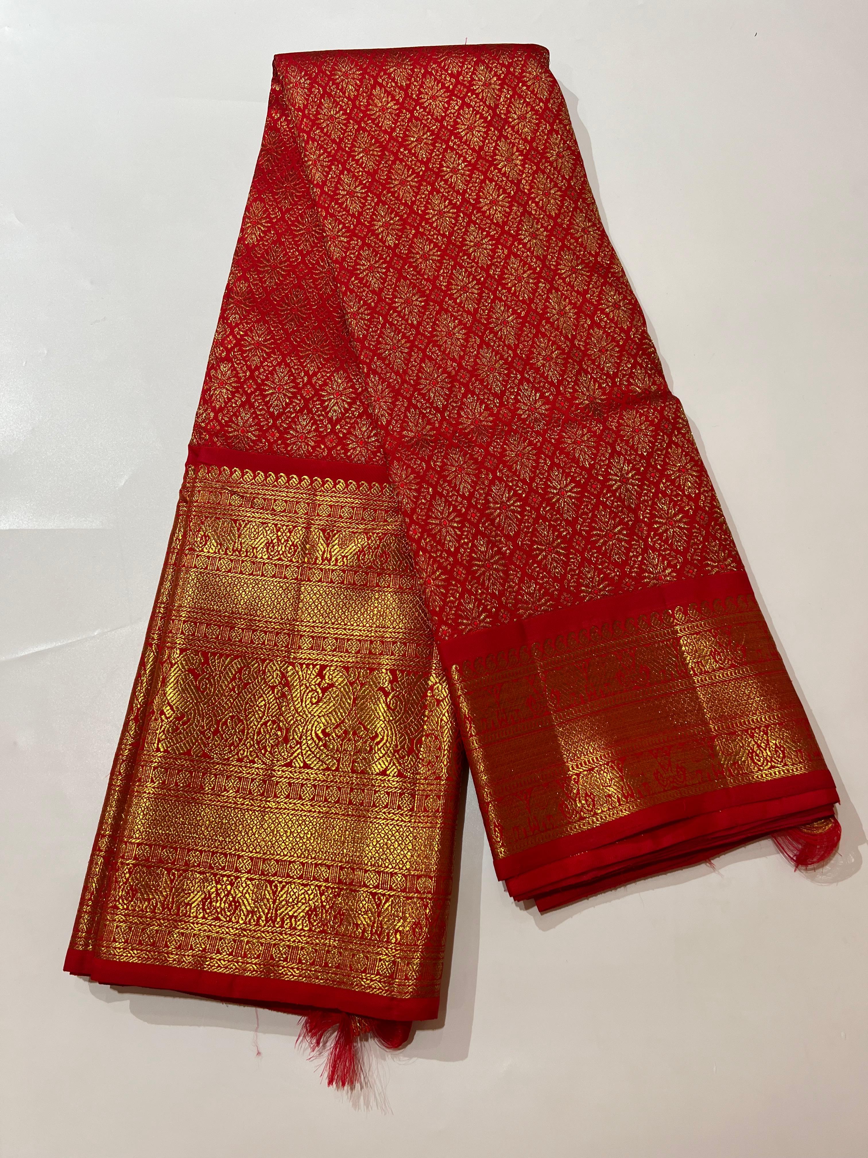 Diamond pattern Red and golden zari work kanjeevaram silk saree