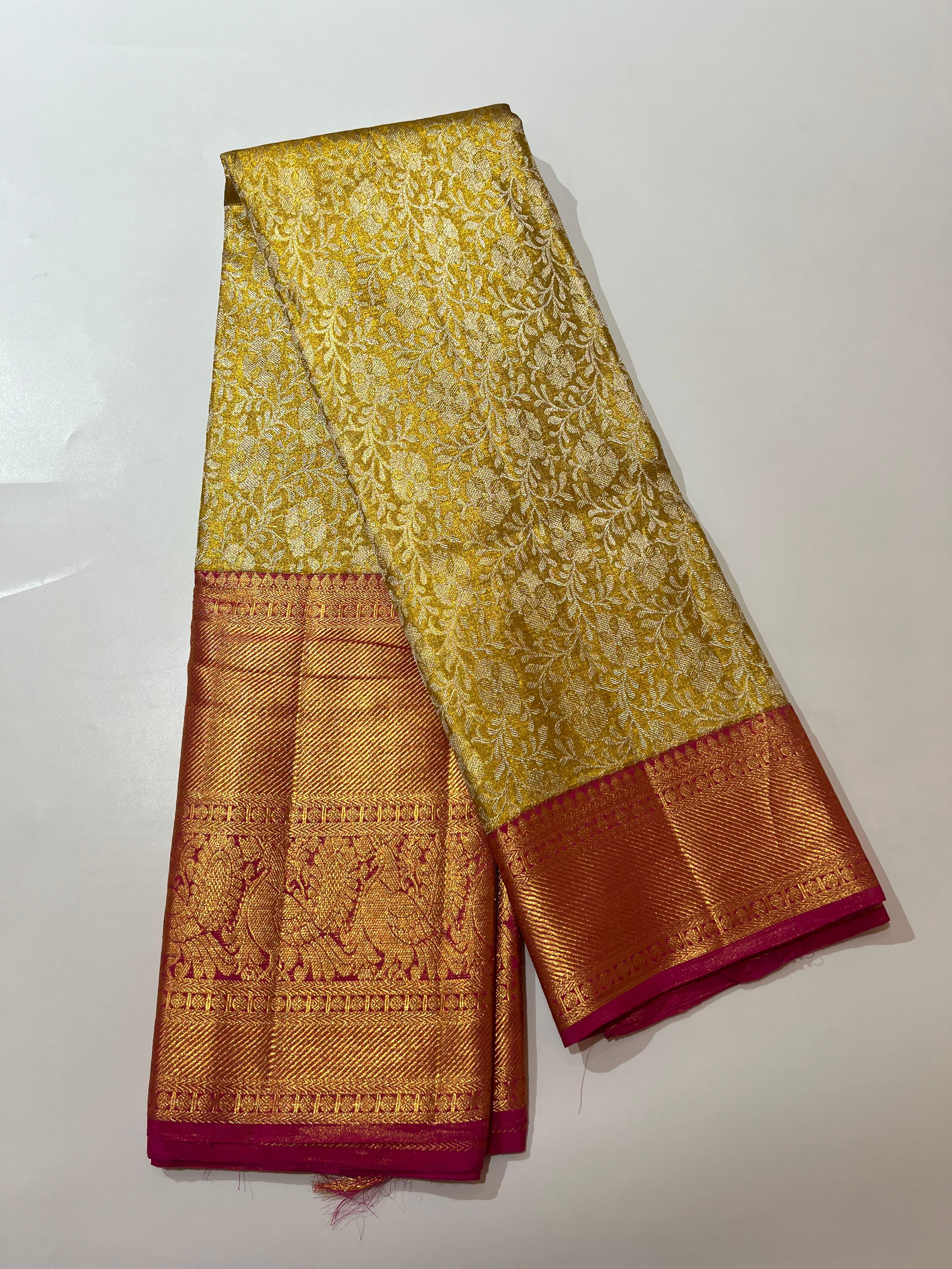 Golden and maroon zari work Kanjeevaram silk saree