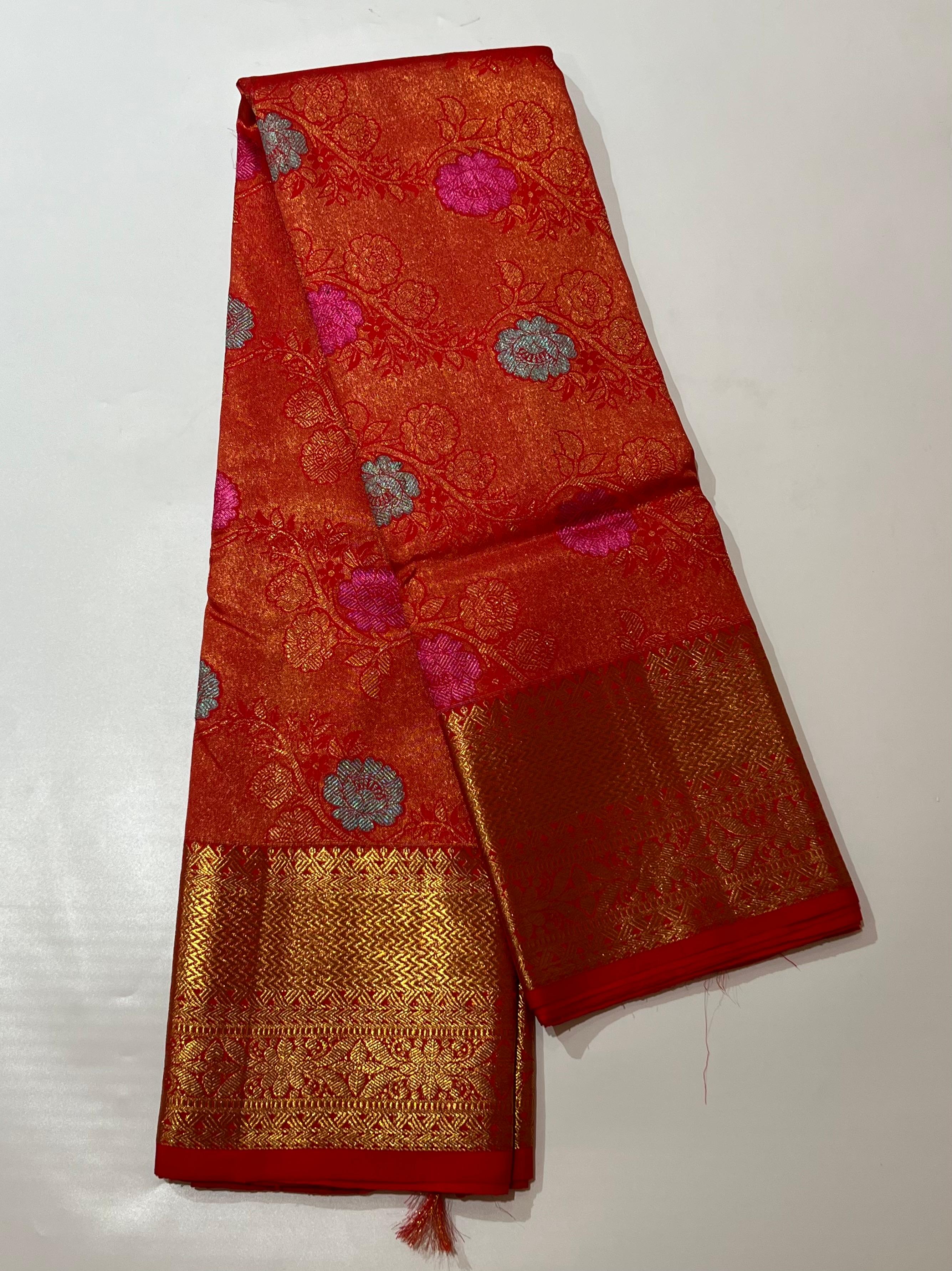 Red and golden zari work Kanjeevaram silk saree