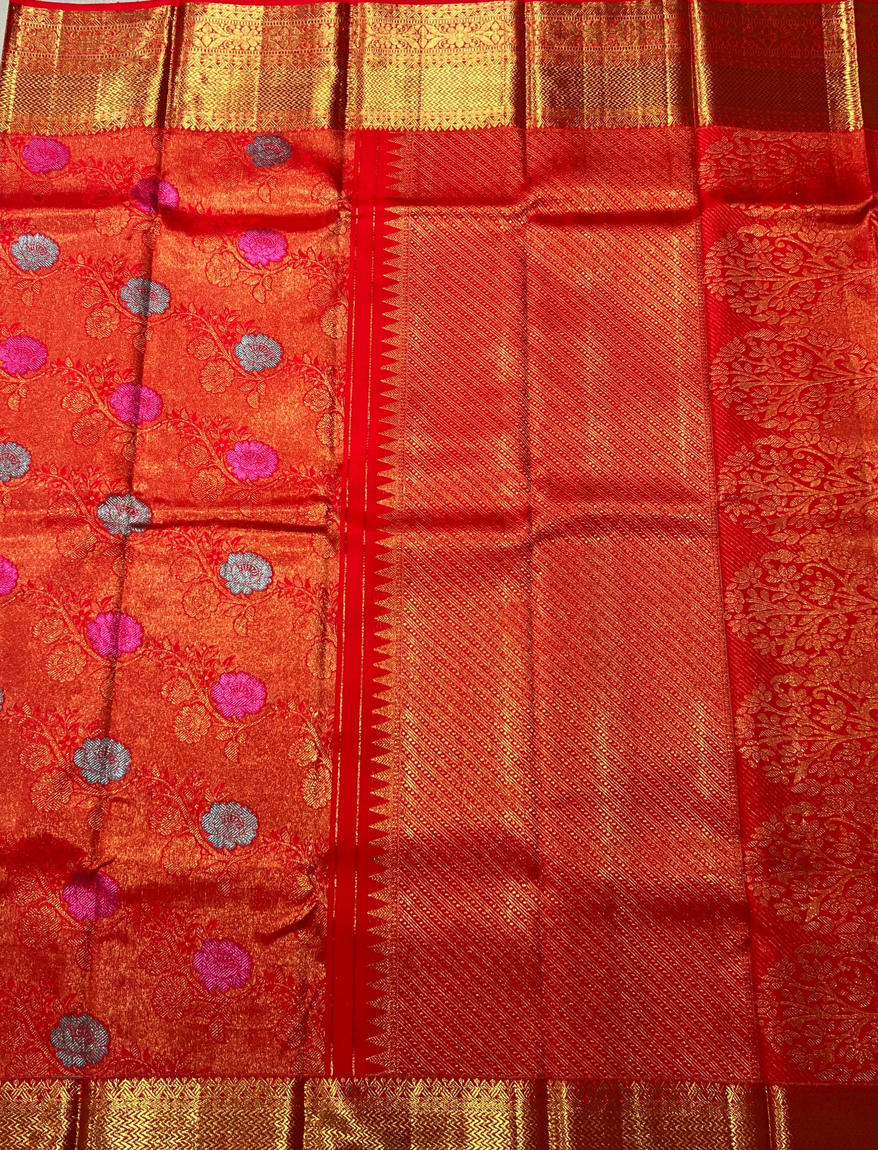 Red and golden zari work Kanjeevaram silk saree